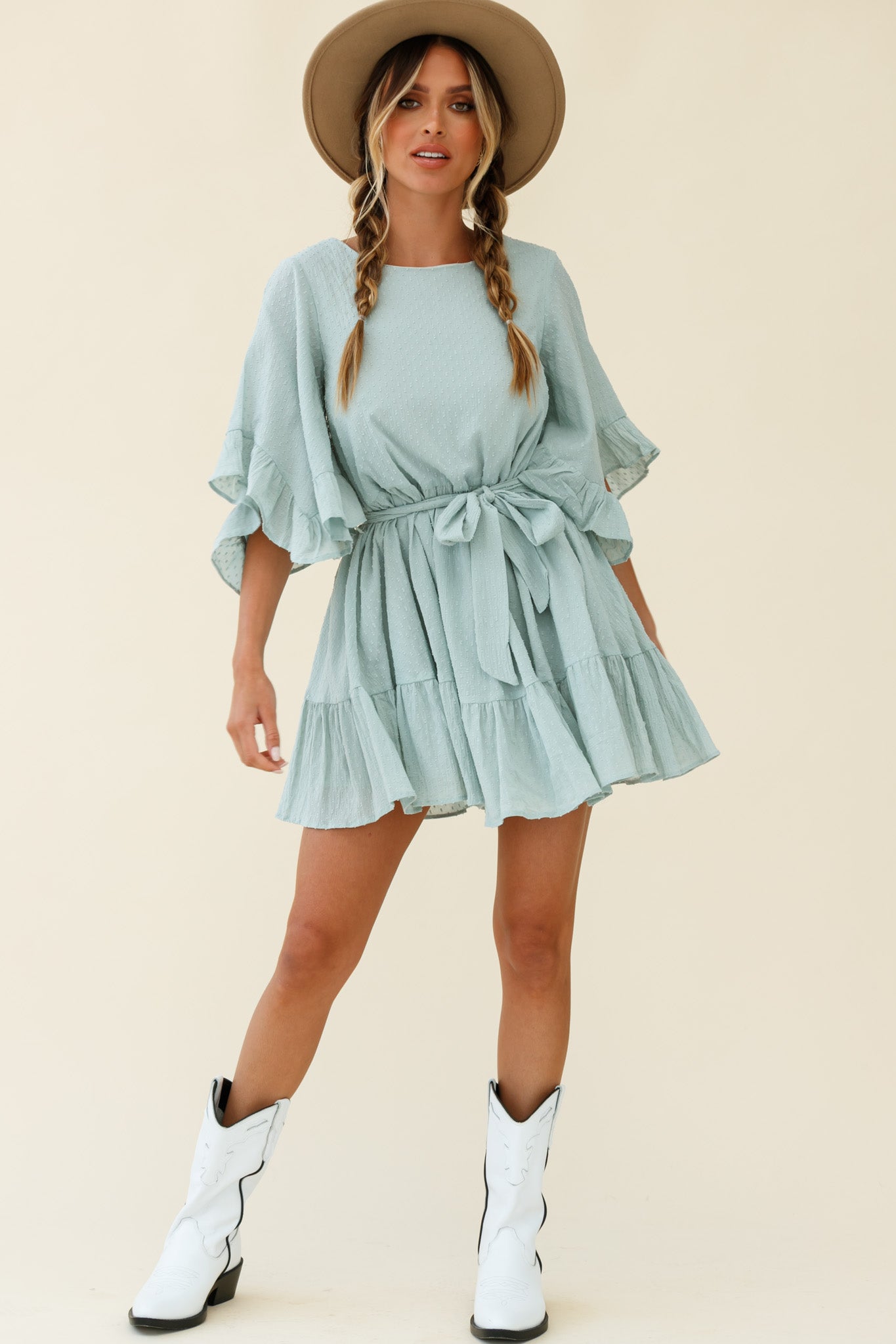 Joni Batwing Sleeve Waist Tie Dress Sage-Maymioy