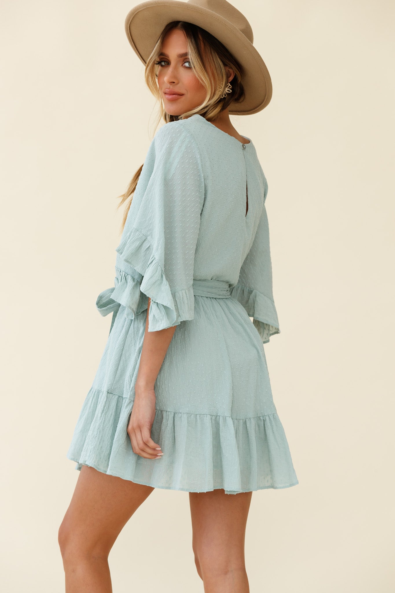 Joni Batwing Sleeve Waist Tie Dress Sage-Maymioy