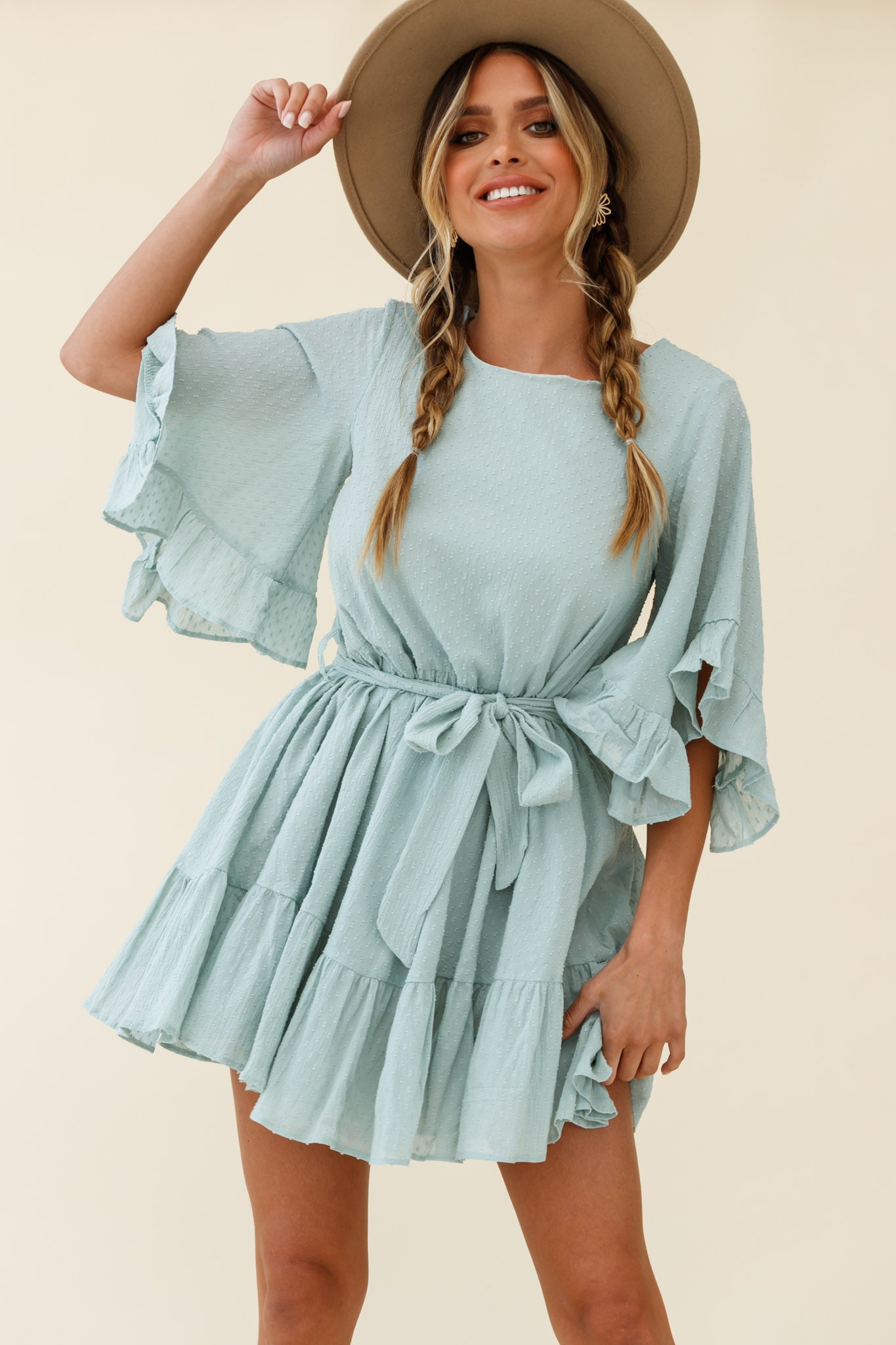 Joni Batwing Sleeve Waist Tie Dress Sage-Maymioy