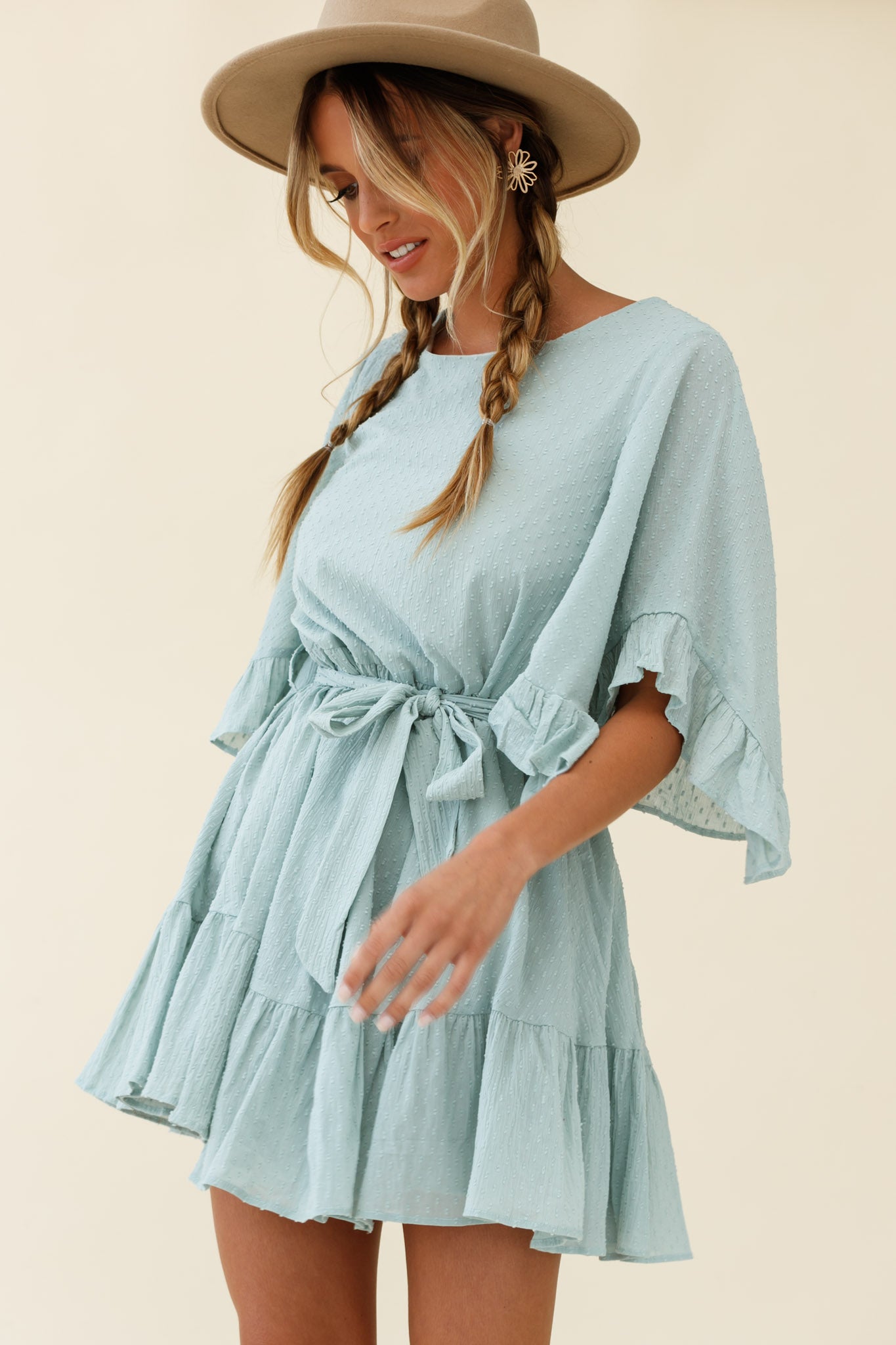 Joni Batwing Sleeve Waist Tie Dress Sage-Maymioy
