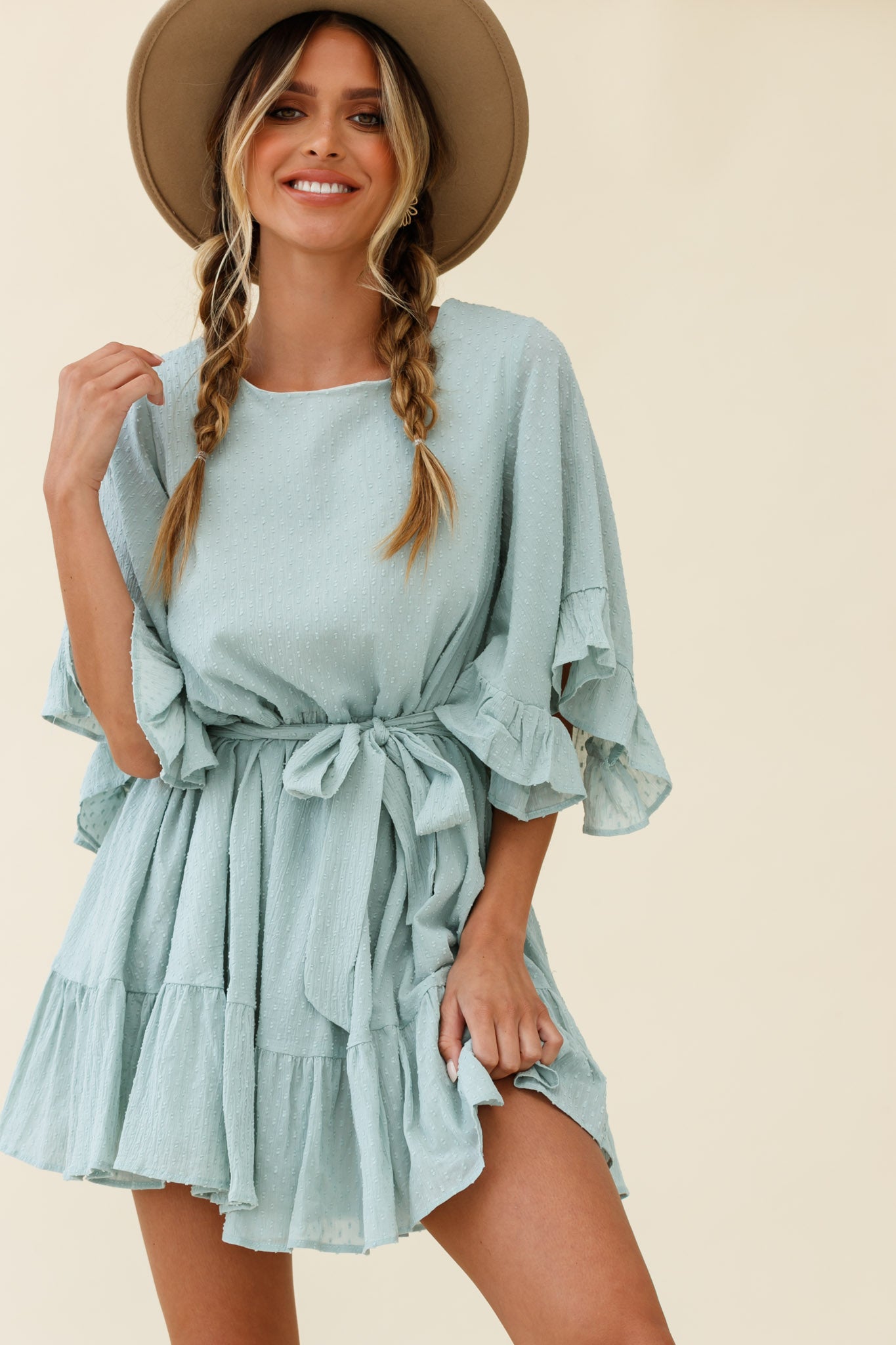 Joni Batwing Sleeve Waist Tie Dress Sage-Maymioy