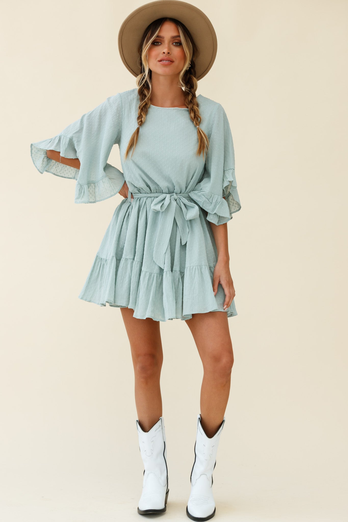 Joni Batwing Sleeve Waist Tie Dress Sage-Maymioy