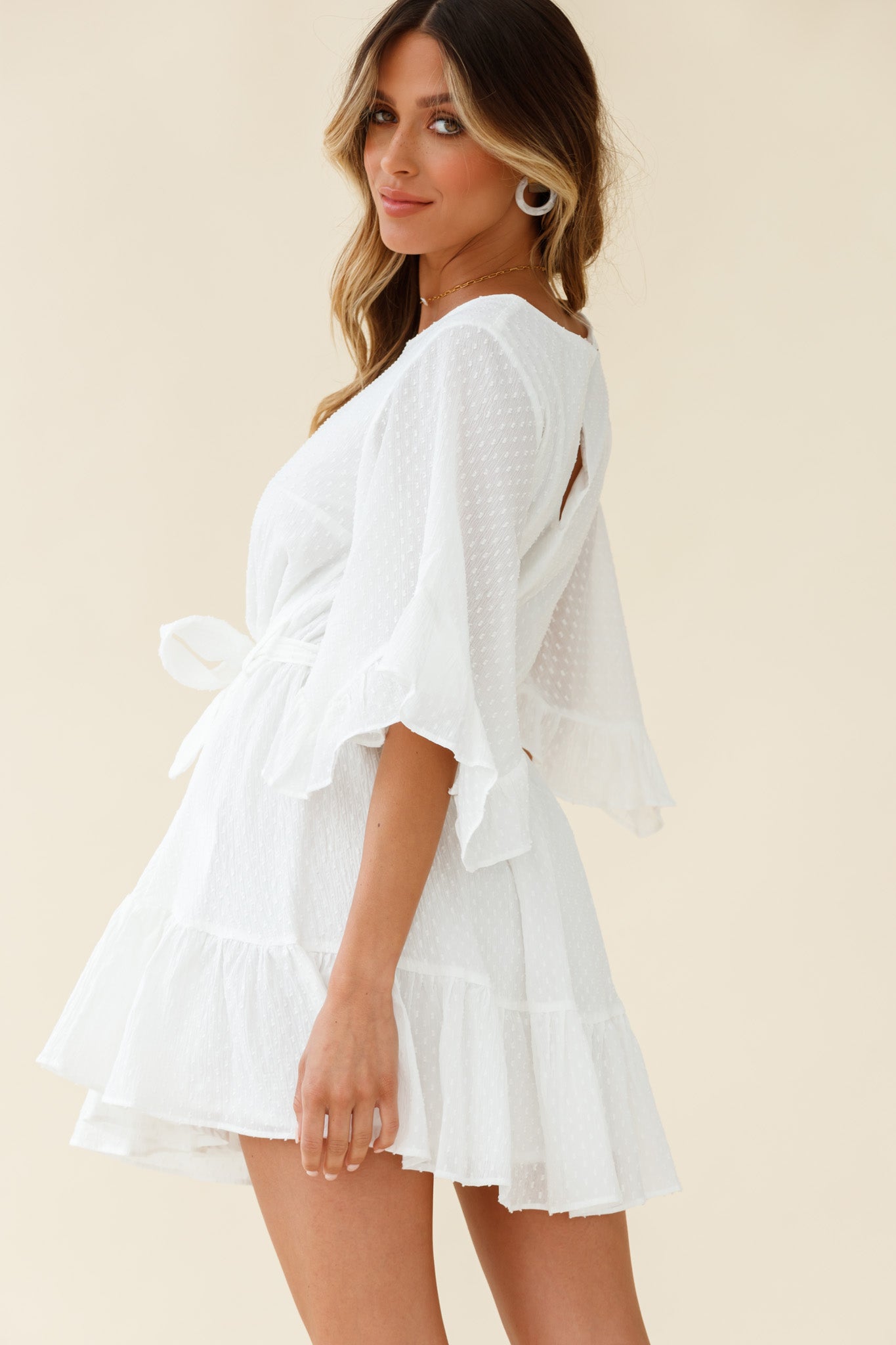 Joni Batwing Sleeve Waist Tie Dress White-Maymioy