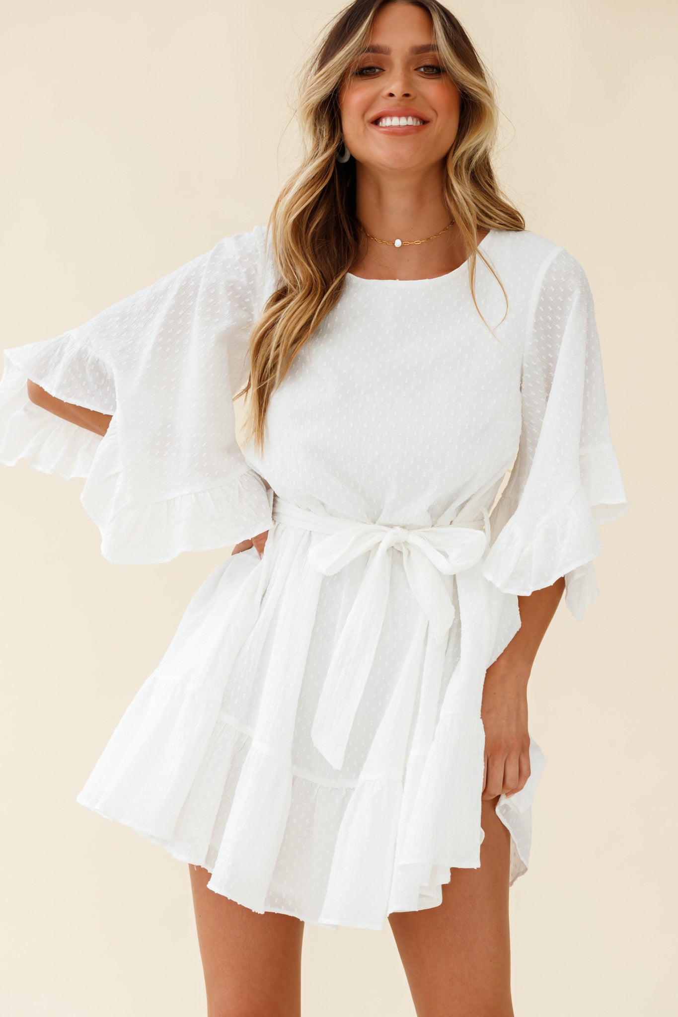 Joni Batwing Sleeve Waist Tie Dress White-Maymioy