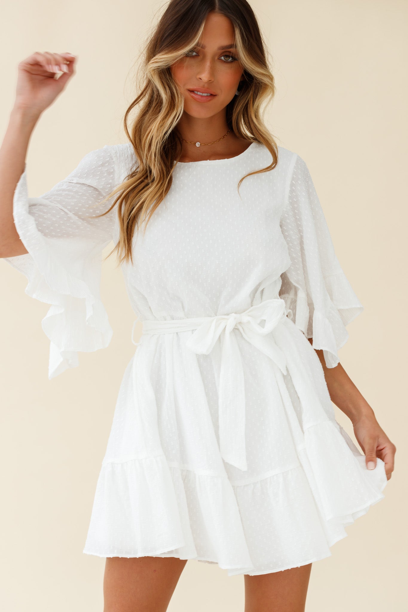 Joni Batwing Sleeve Waist Tie Dress White-Maymioy