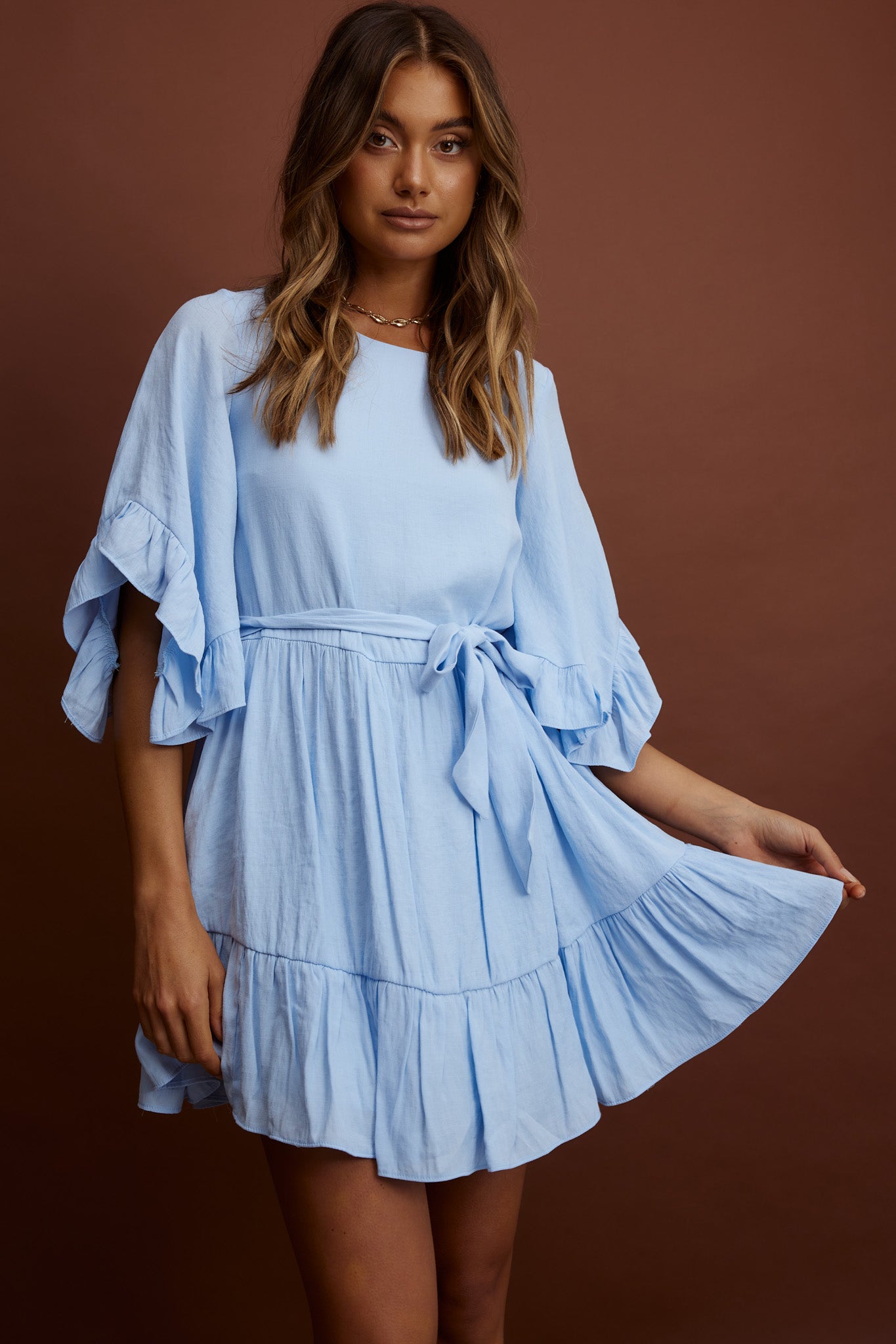Joni Batwing Sleeve Waist Tie Dress Ruffle Blue-Maymioy