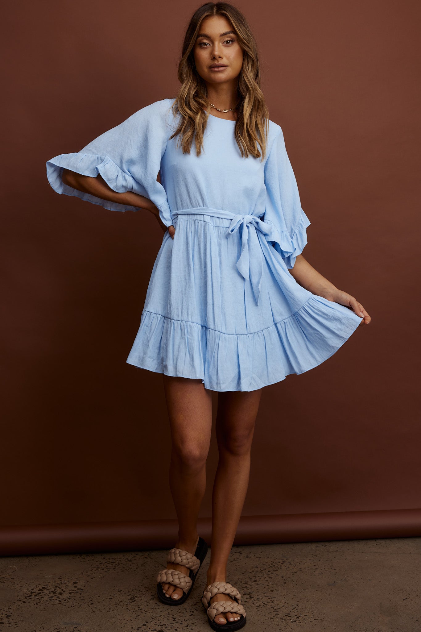 Joni Batwing Sleeve Waist Tie Dress Ruffle Blue-Maymioy