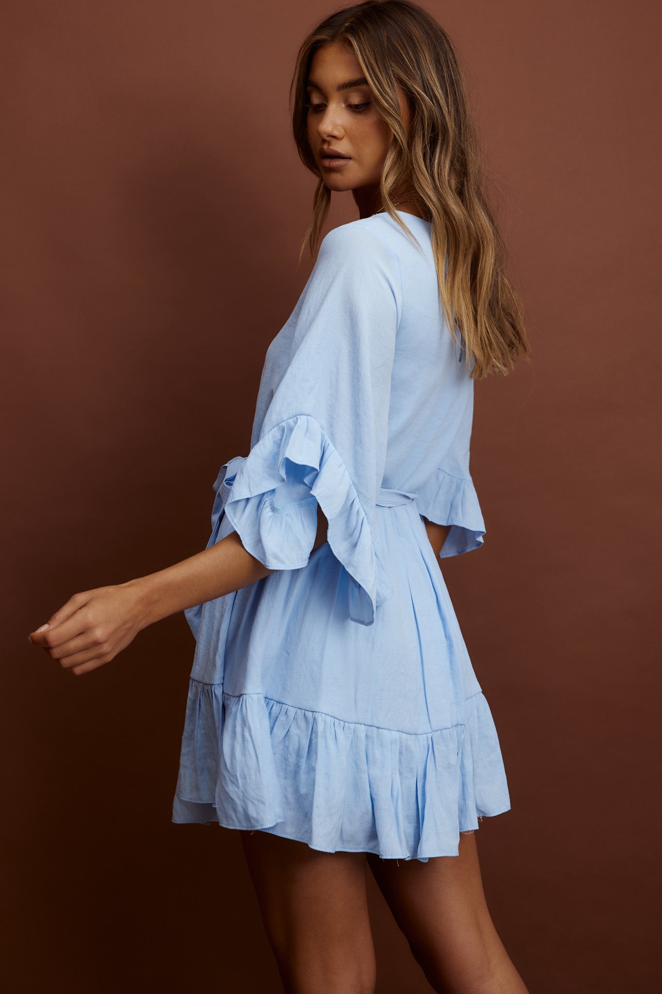 Joni Batwing Sleeve Waist Tie Dress Ruffle Blue-Maymioy