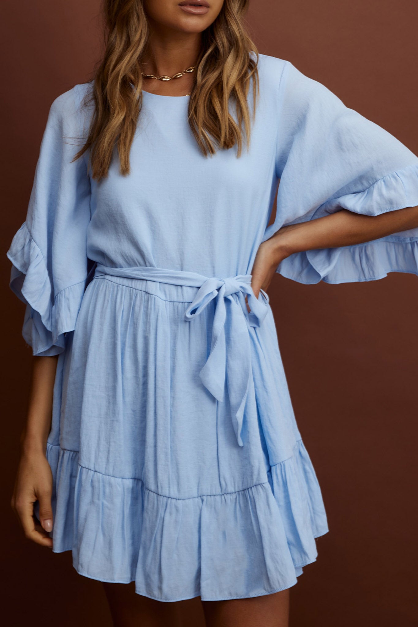 Joni Batwing Sleeve Waist Tie Dress Ruffle Blue-Maymioy