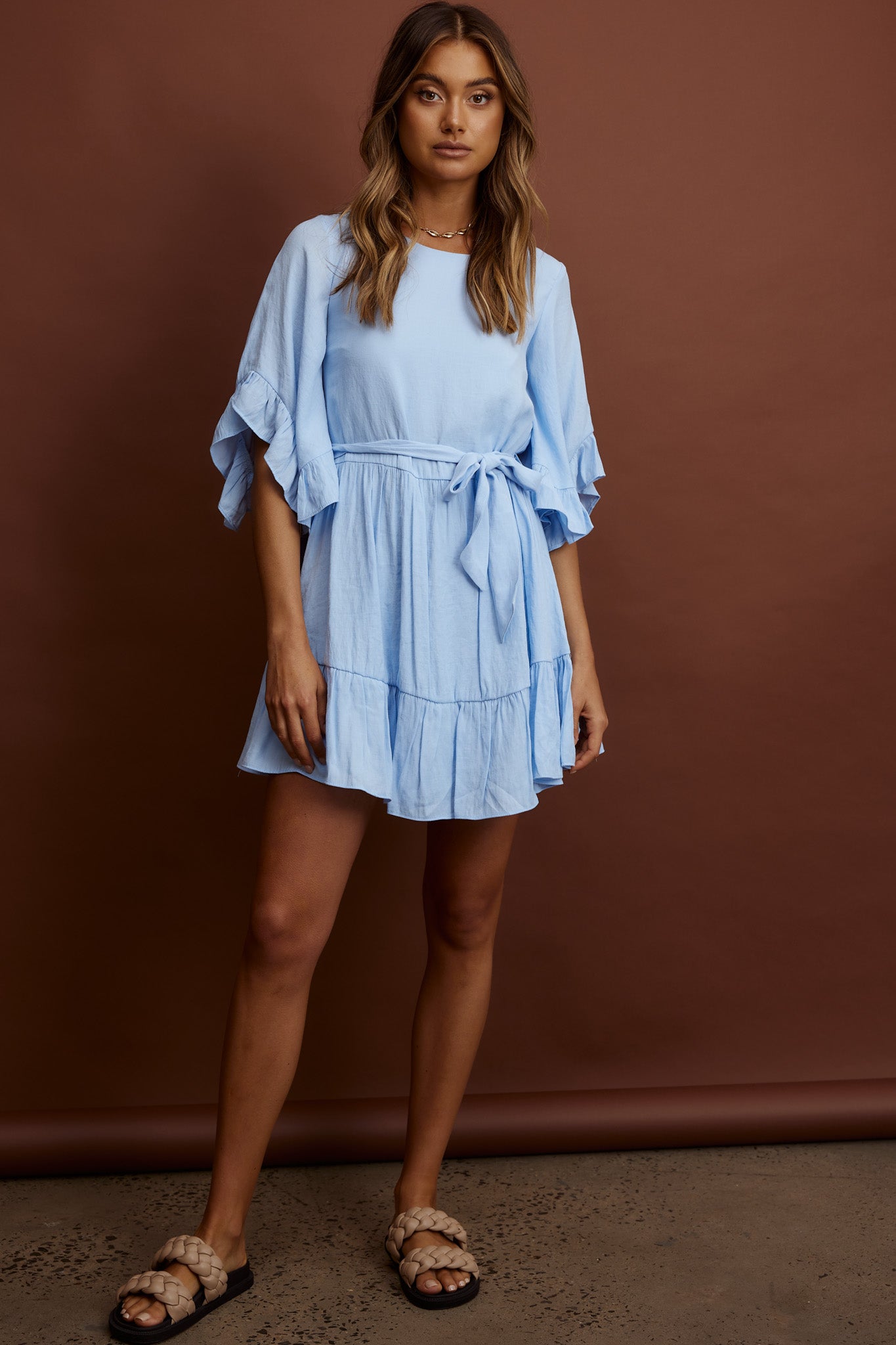 Joni Batwing Sleeve Waist Tie Dress Ruffle Blue-Maymioy