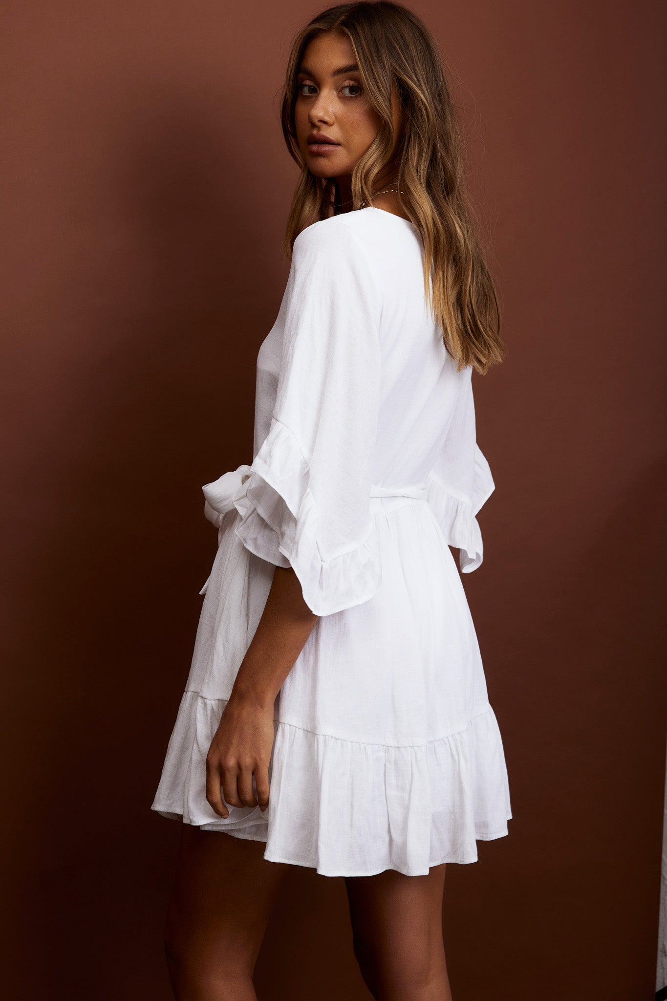 Joni Batwing Sleeve Waist Tie Dress Ruffle White-Maymioy