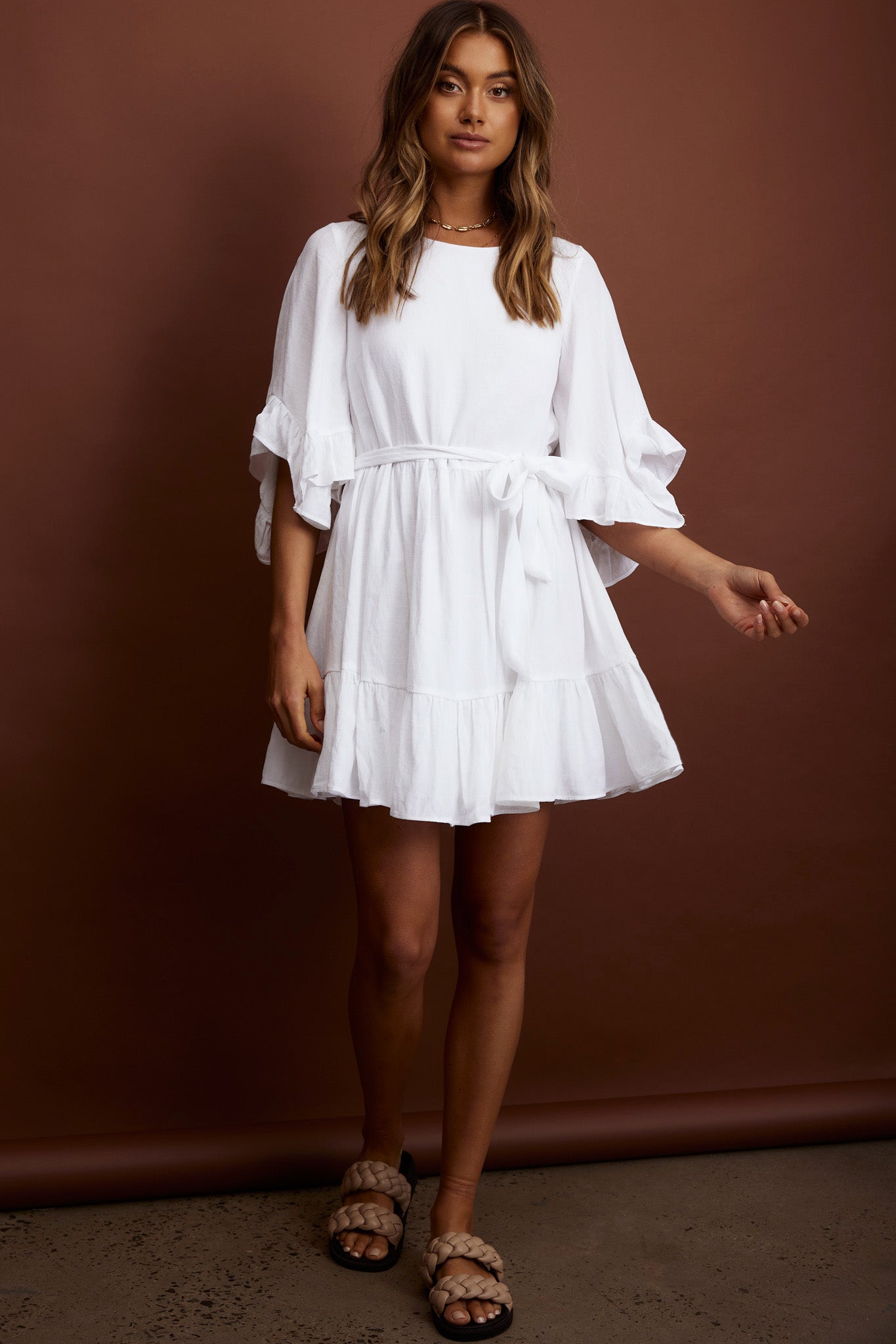 Joni Batwing Sleeve Waist Tie Dress Ruffle White-Maymioy
