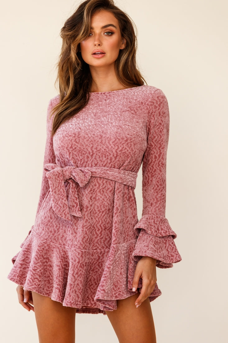 Saphira Long Sleeve Fluted Hem Knit Dress Blush-Maymioy