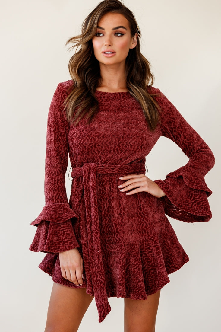 Saphira Long Sleeve Fluted Hem Knit Dress Rose-Maymioy