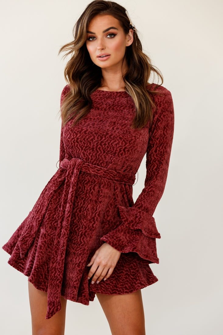 Saphira Long Sleeve Fluted Hem Knit Dress Rose-Maymioy