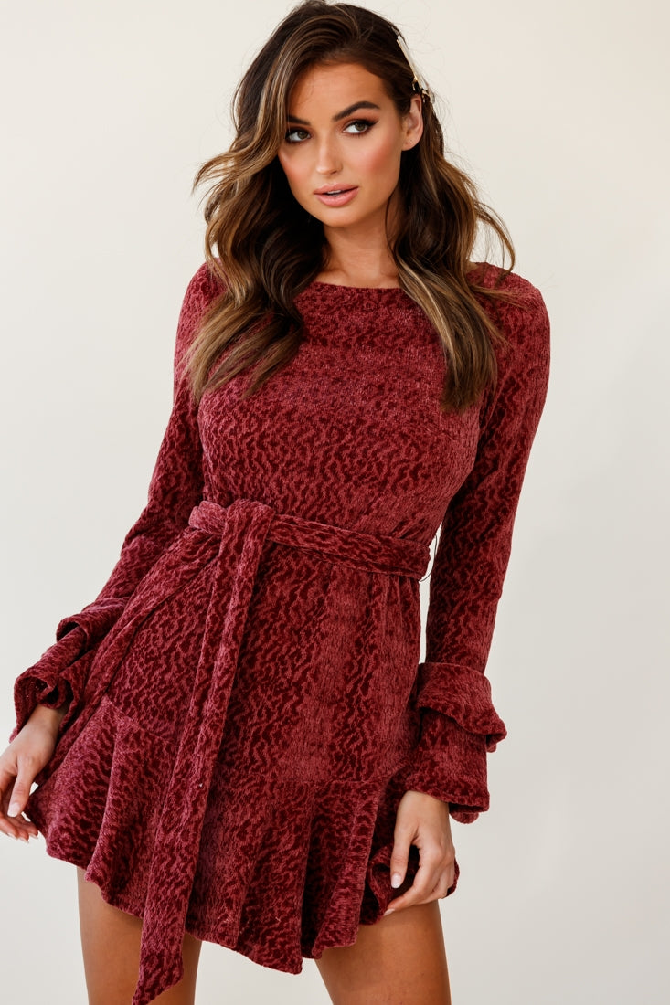 Saphira Long Sleeve Fluted Hem Knit Dress Rose-Maymioy