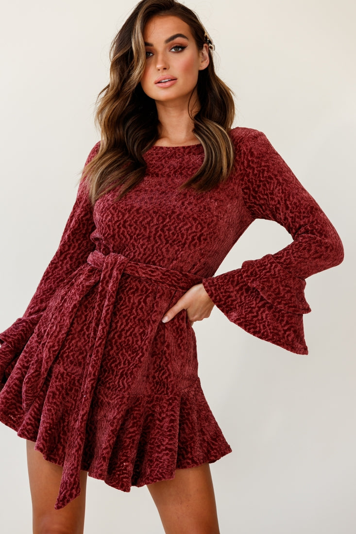 Saphira Long Sleeve Fluted Hem Knit Dress Rose-Maymioy