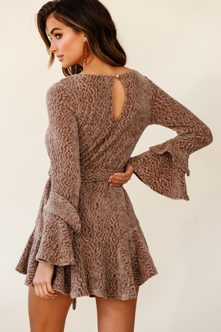 Saphira Long Sleeve Fluted Hem Knit Dress Taupe-Maymioy
