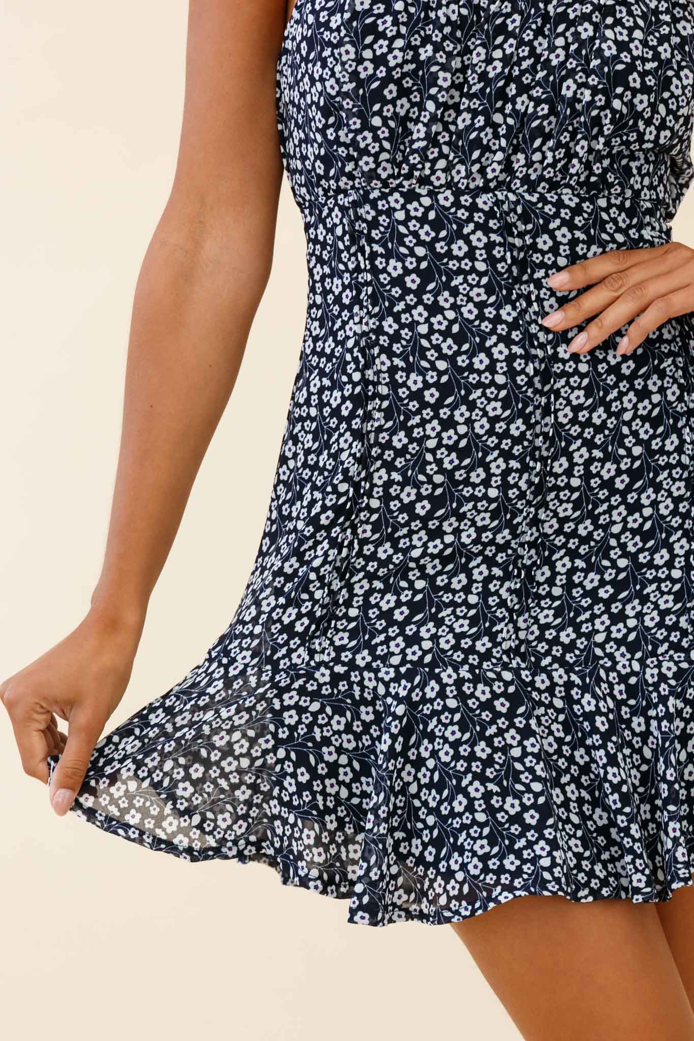 Promise Me Ruched Bust Pintuck Pleat Detail Dress Floral Print Navy-Maymioy