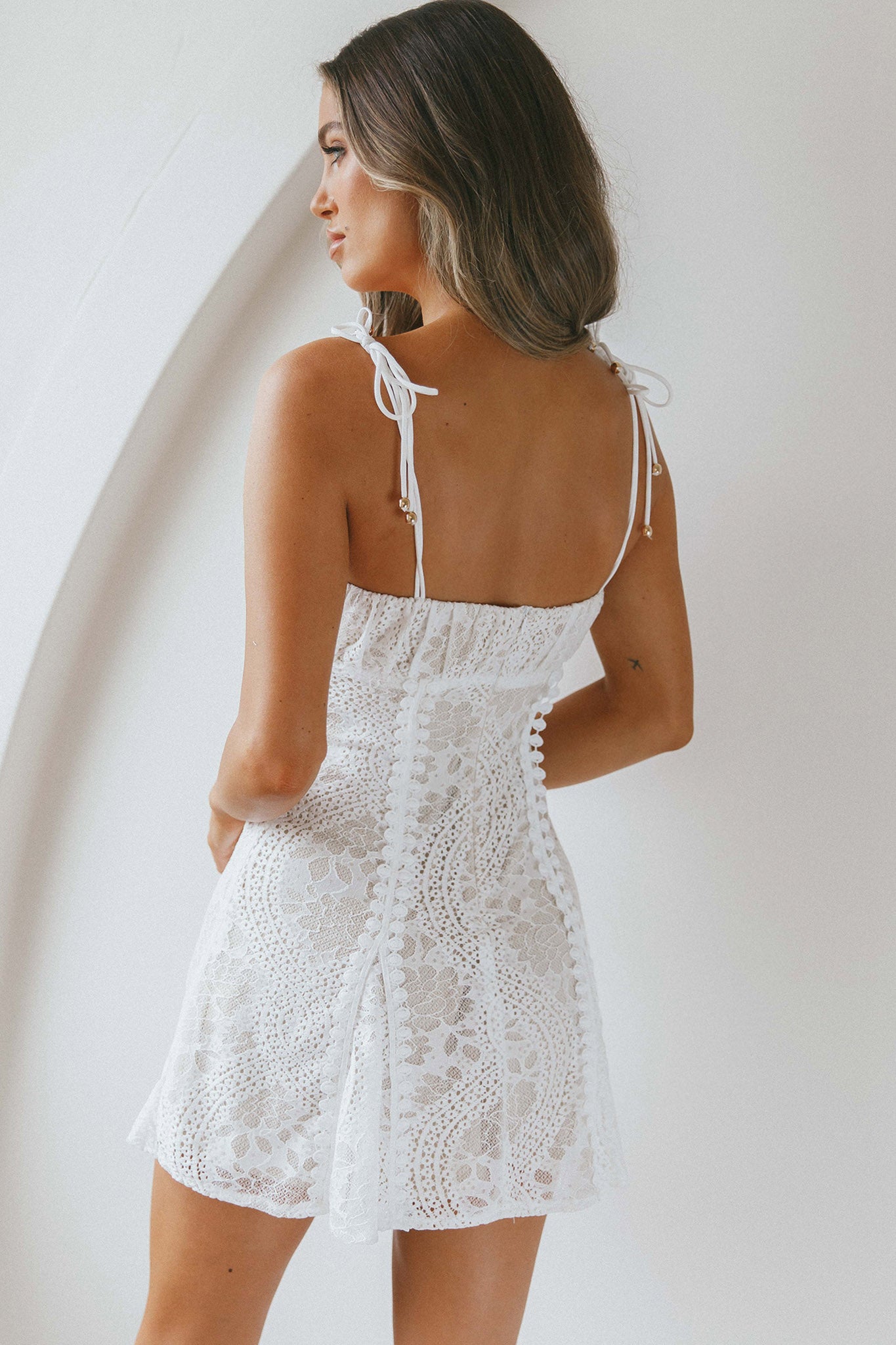 Promise Me Ruched Bust Godet Dress Lace White-Maymioy