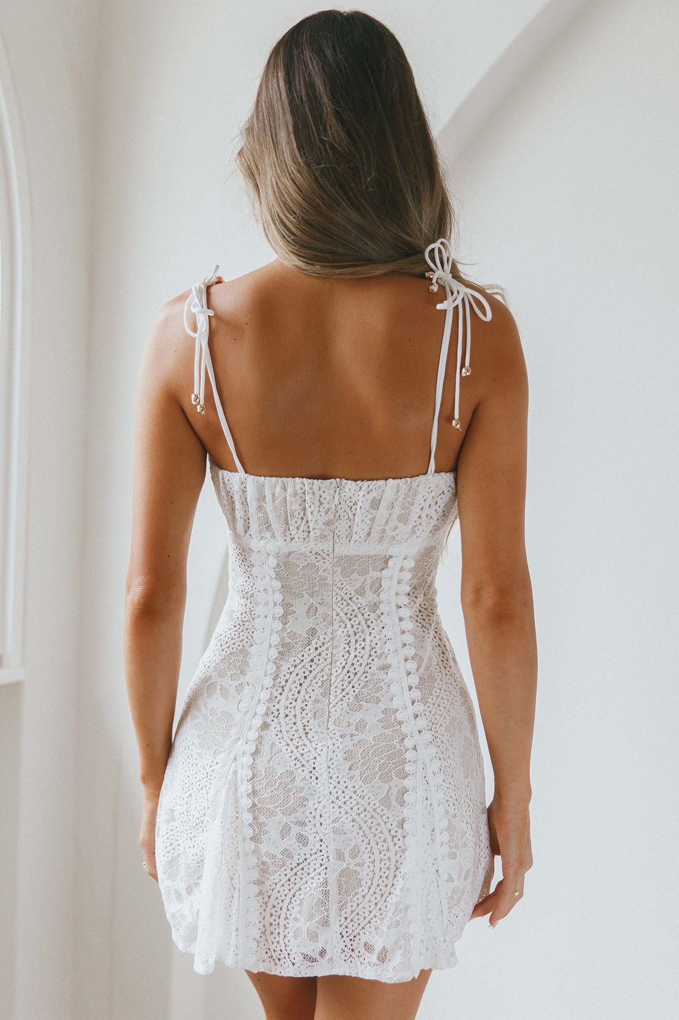 Promise Me Ruched Bust Godet Dress Lace White-Maymioy
