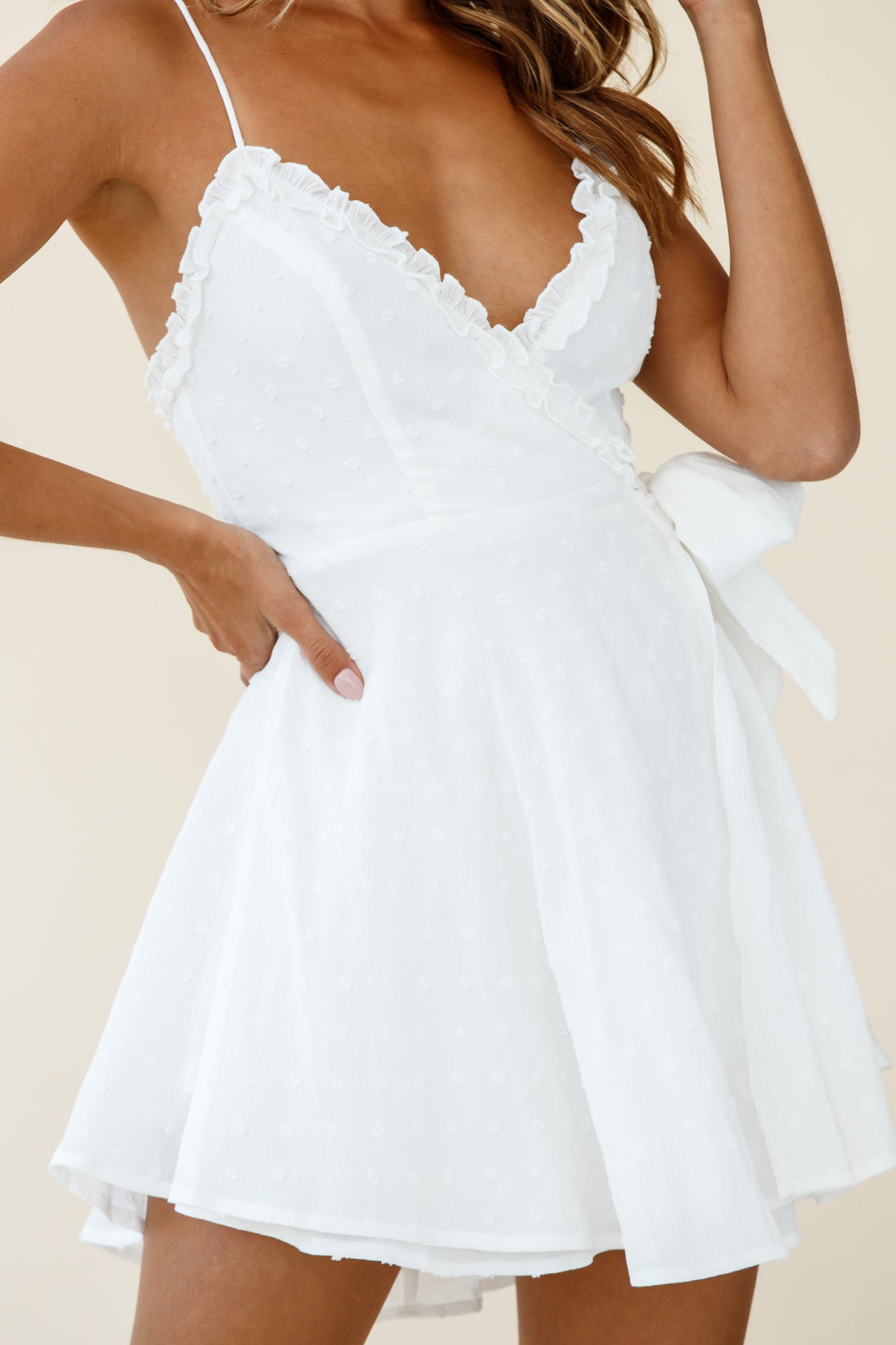 Good News Faux Wrap Frill Trim Dress White-Maymioy