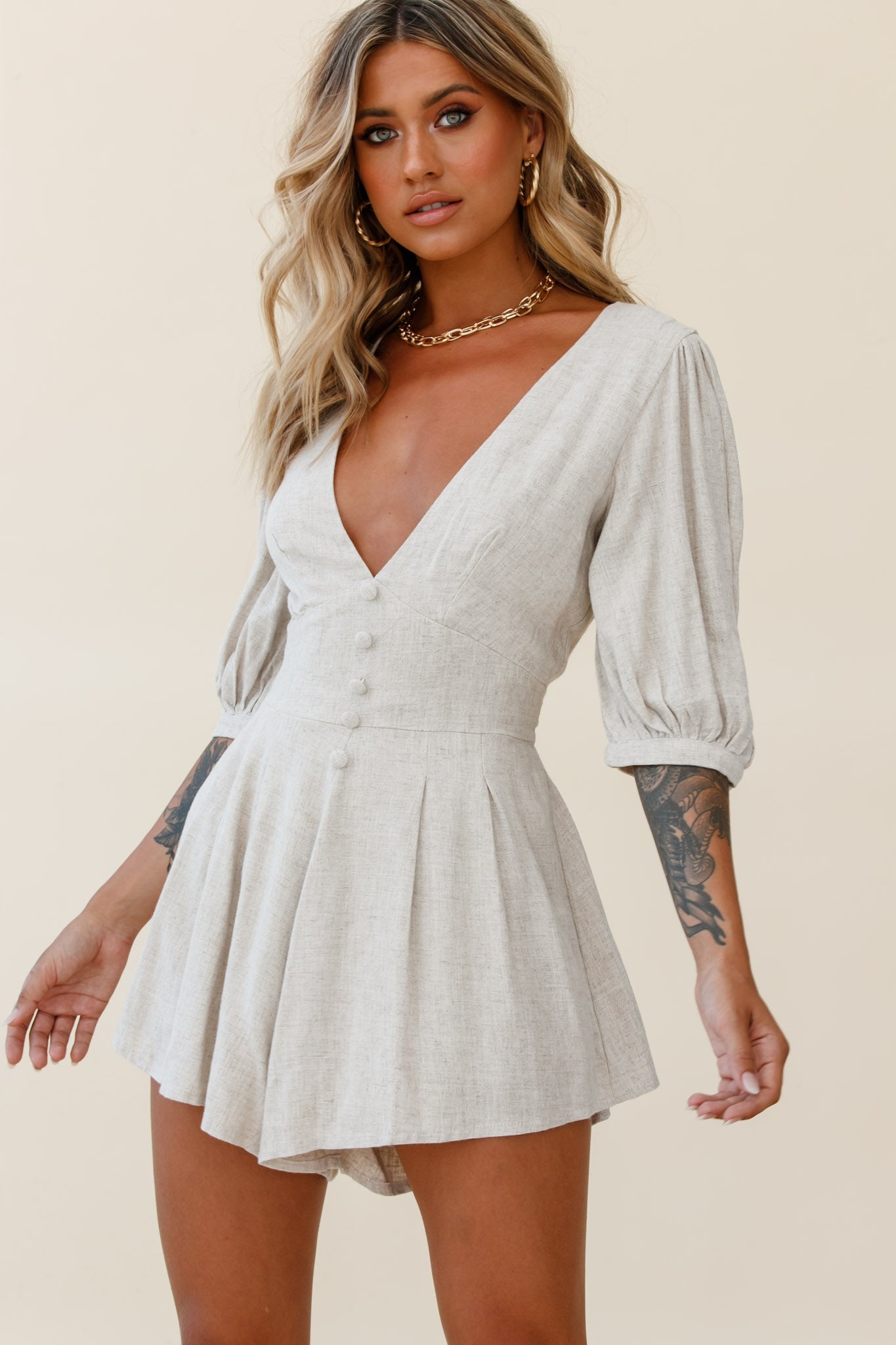 Jinka Balloon Sleeve Structured Bodice Romper Natural-Maymioy