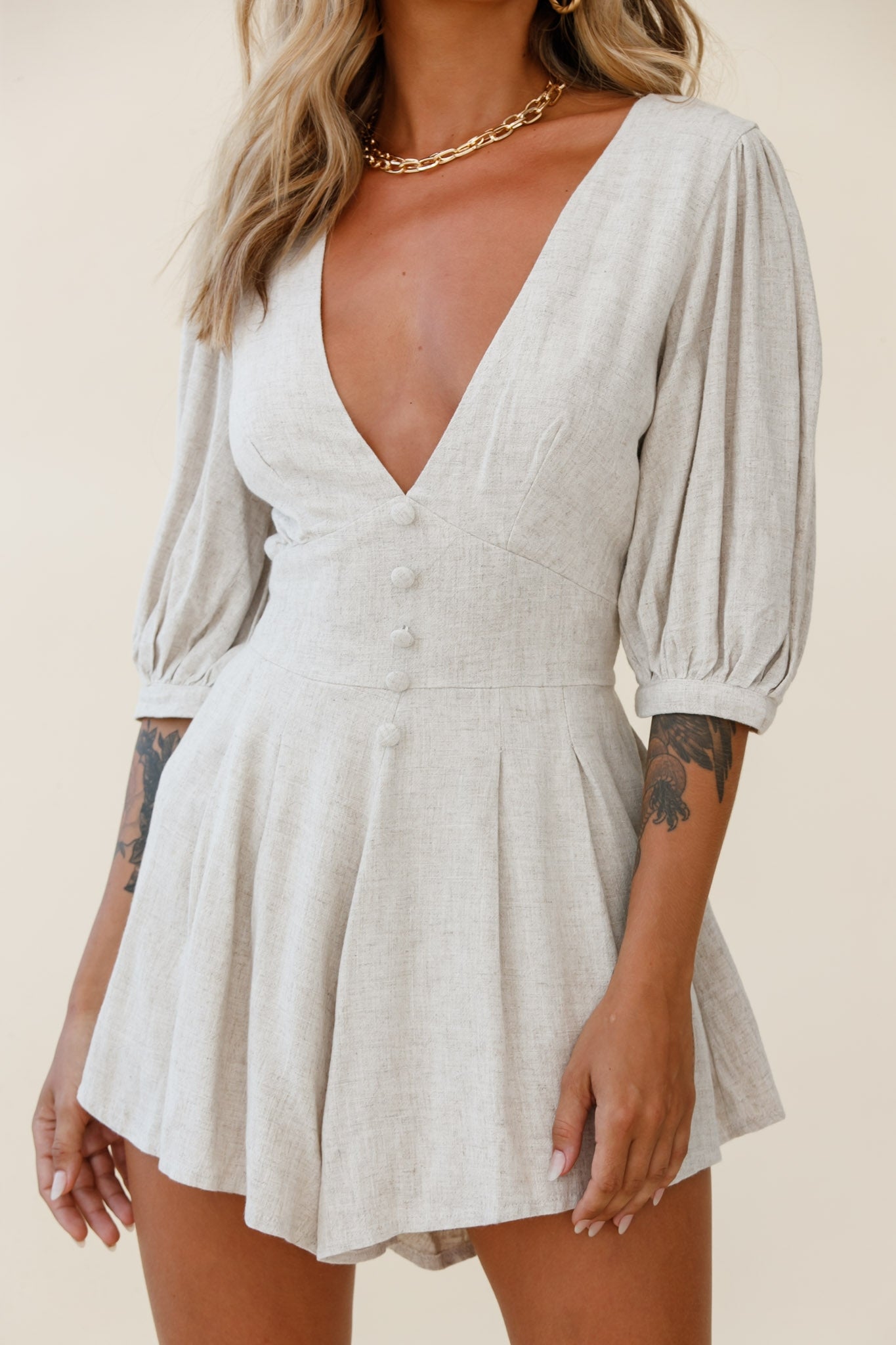 Jinka Balloon Sleeve Structured Bodice Romper Natural-Maymioy