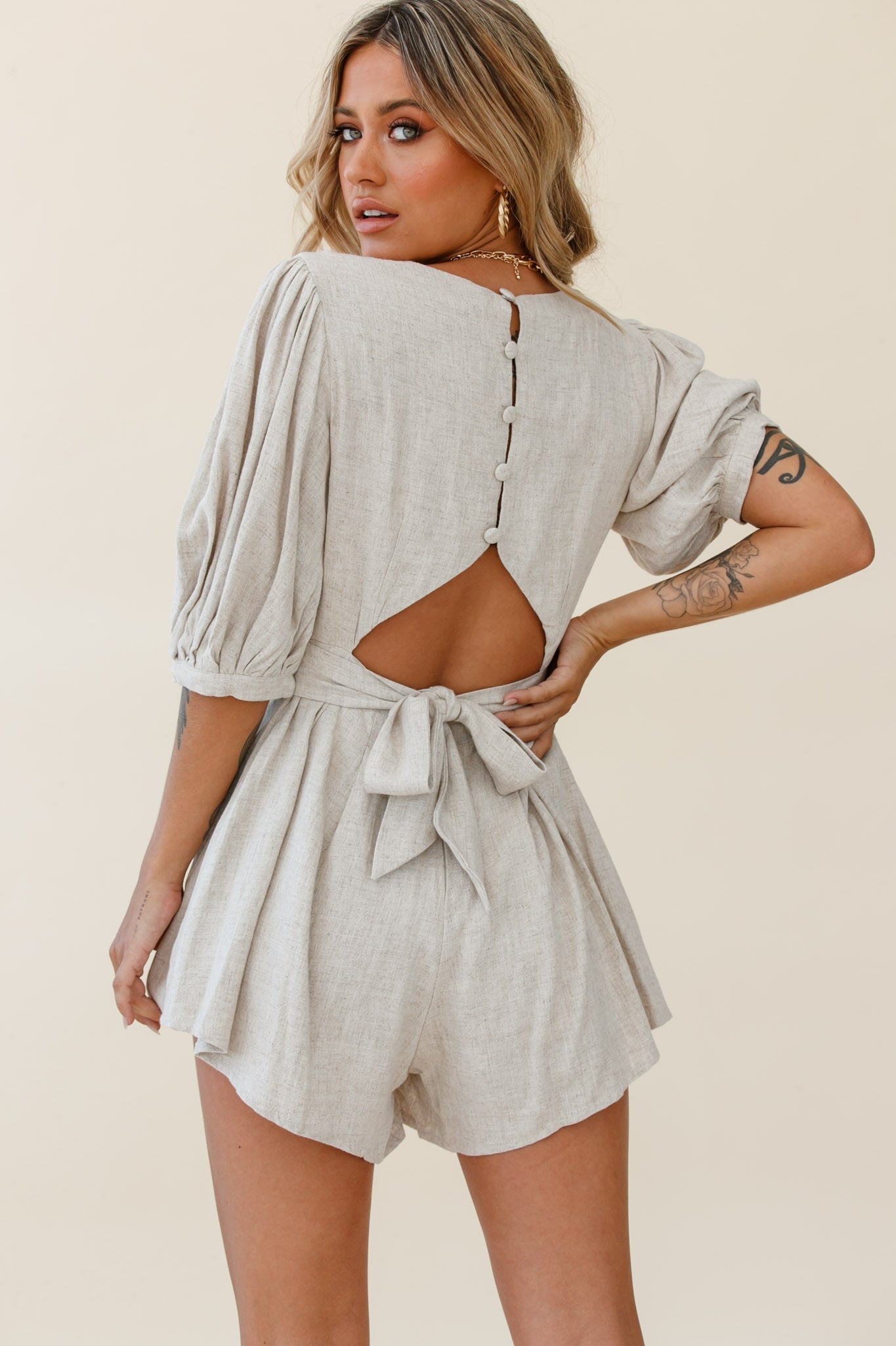 Jinka Balloon Sleeve Structured Bodice Romper Natural-Maymioy