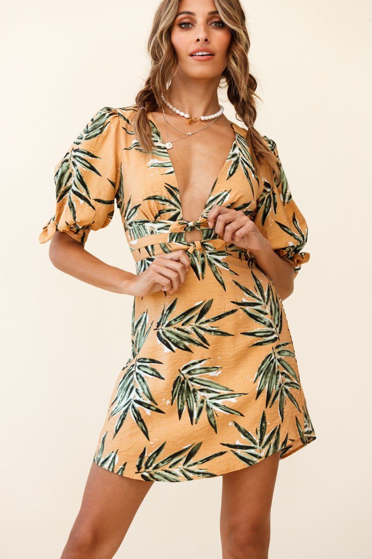Camarillo Puff Sleeve Bow Detail Dress Leaf Print Sunset-Maymioy