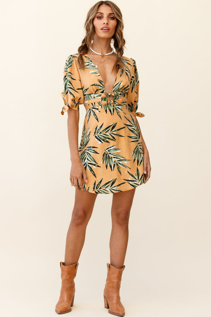 Camarillo Puff Sleeve Bow Detail Dress Leaf Print Sunset-Maymioy