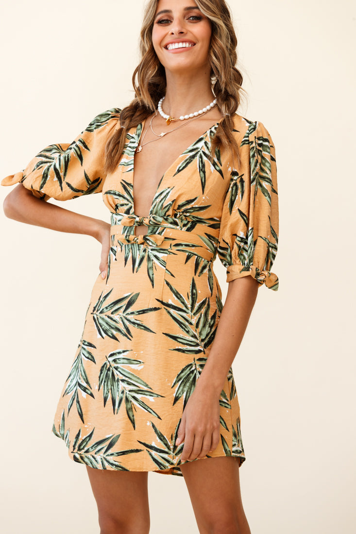 Camarillo Puff Sleeve Bow Detail Dress Leaf Print Sunset-Maymioy