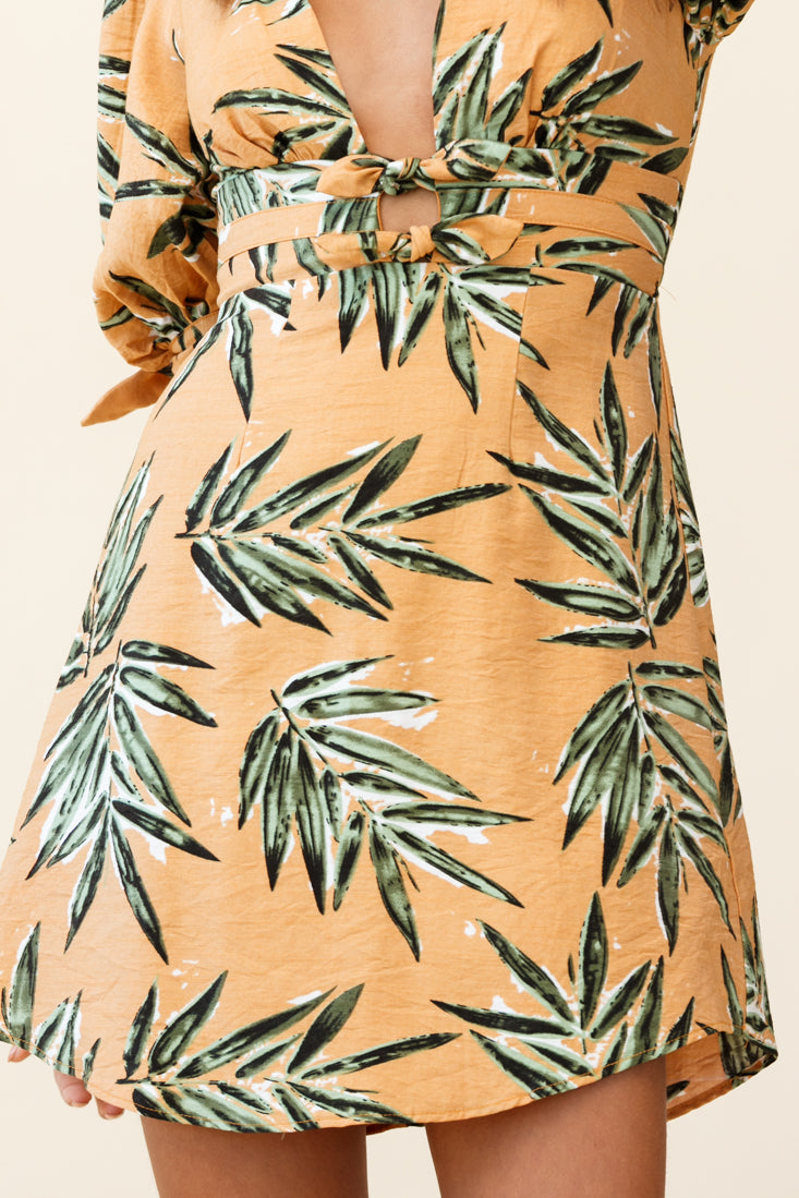 Camarillo Puff Sleeve Bow Detail Dress Leaf Print Sunset-Maymioy