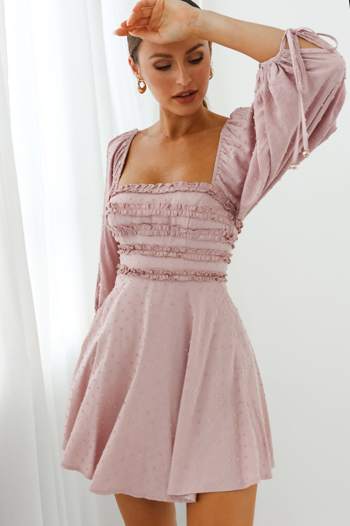 Illia Three-Quarter Balloon Sleeve Frill Bodice Dress Mauve-Maymioy