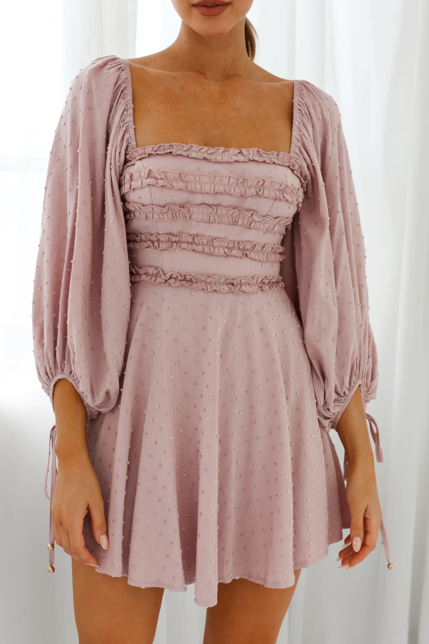 Illia Three-Quarter Balloon Sleeve Frill Bodice Dress Mauve-Maymioy