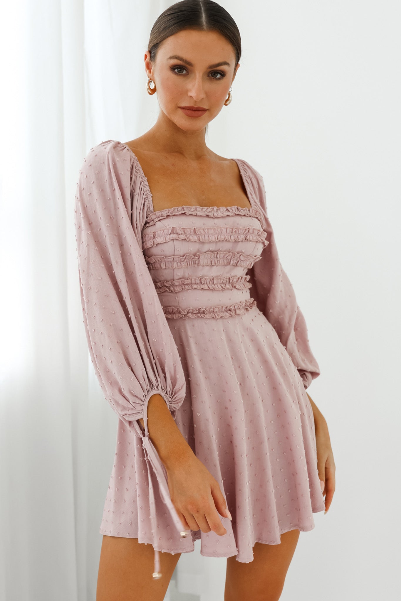 Illia Three-Quarter Balloon Sleeve Frill Bodice Dress Mauve-Maymioy