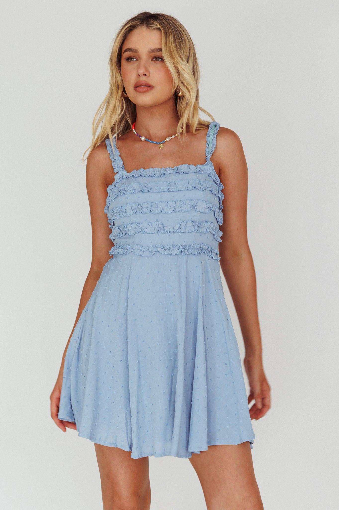 Illia Frill Trim Textured Dress Blue-Maymioy