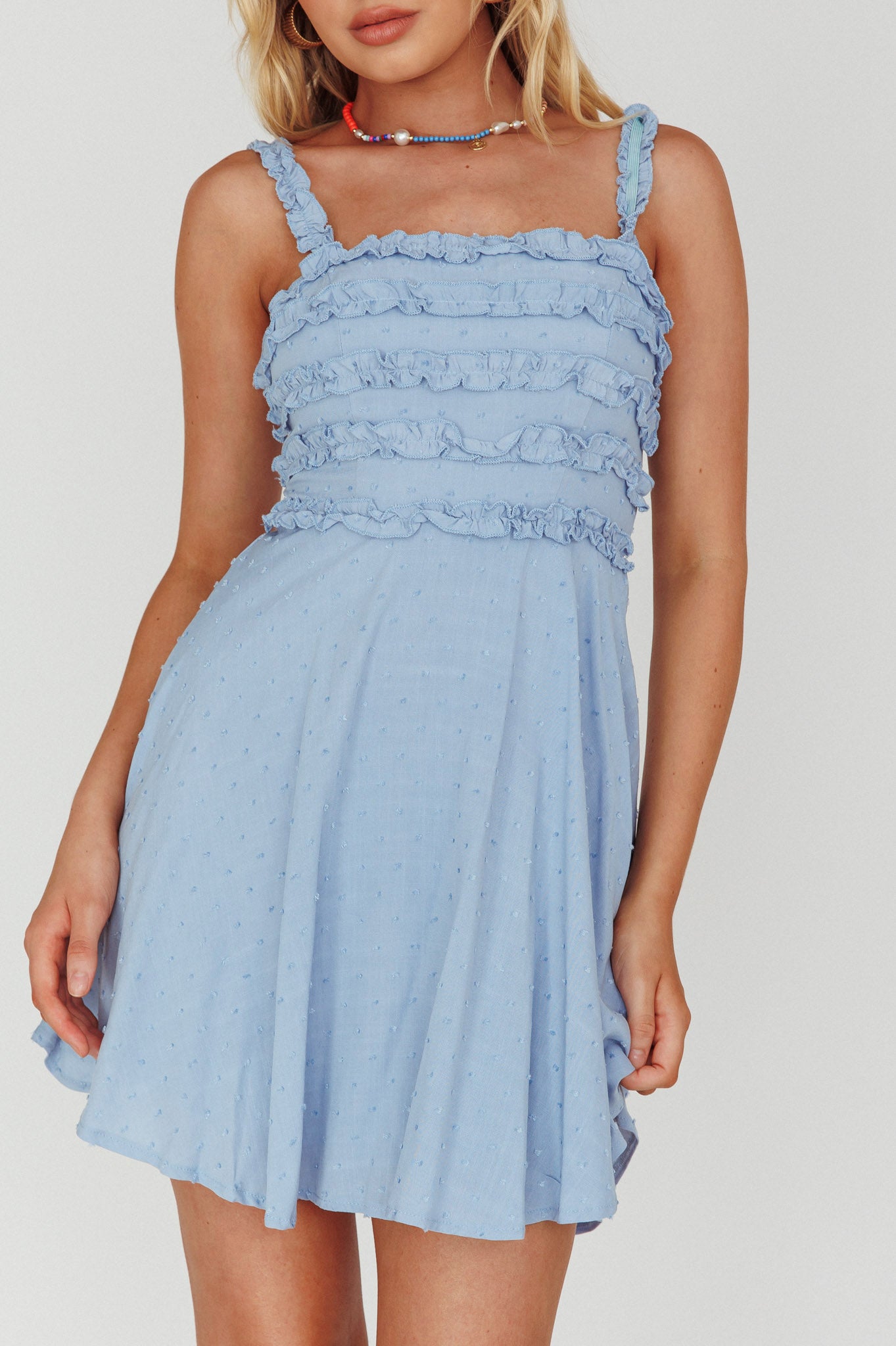 Illia Frill Trim Textured Dress Blue-Maymioy