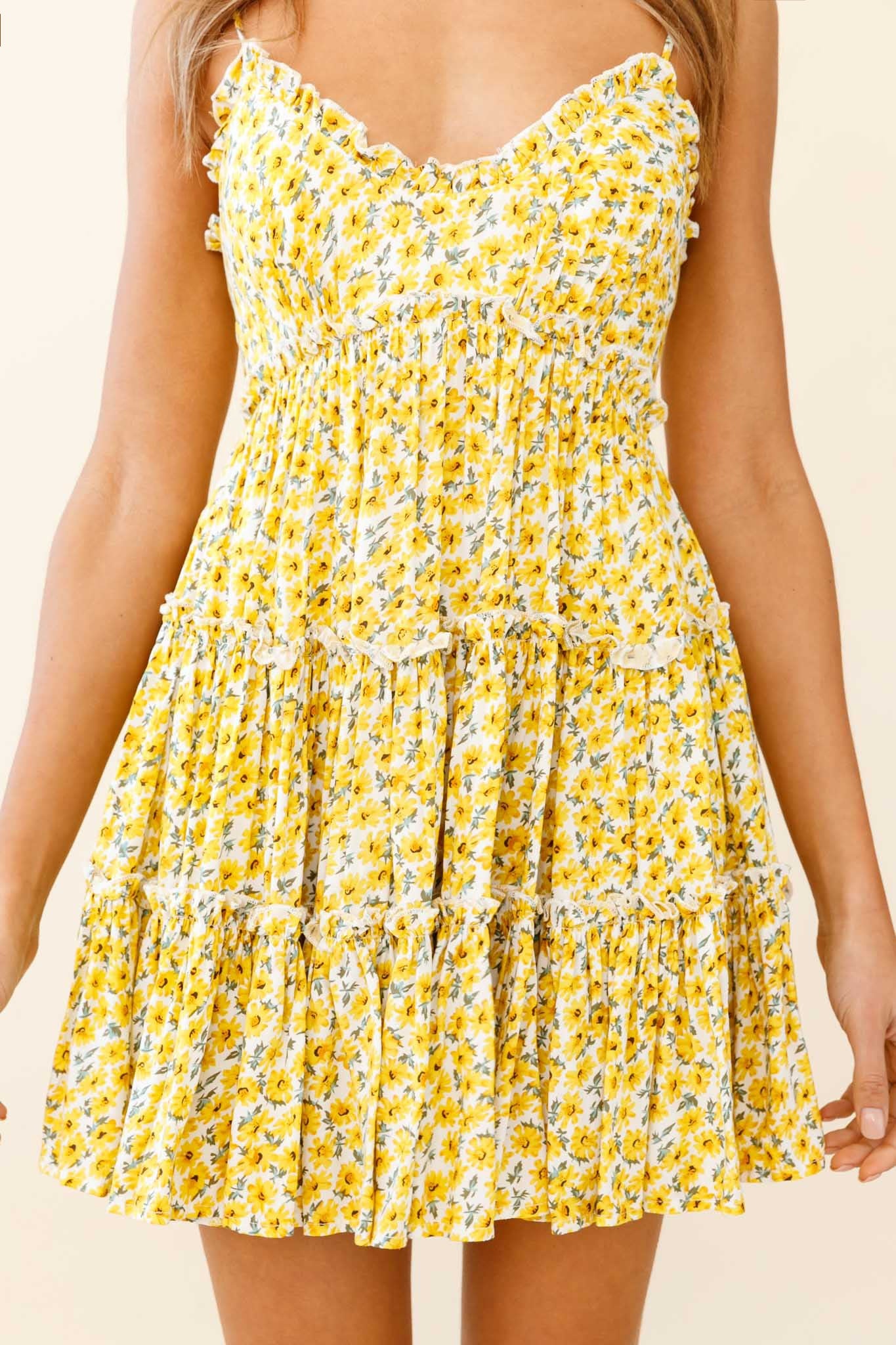 Buttercup Frill Trimmed Babydoll Dress Floral Print Yellow-Maymioy