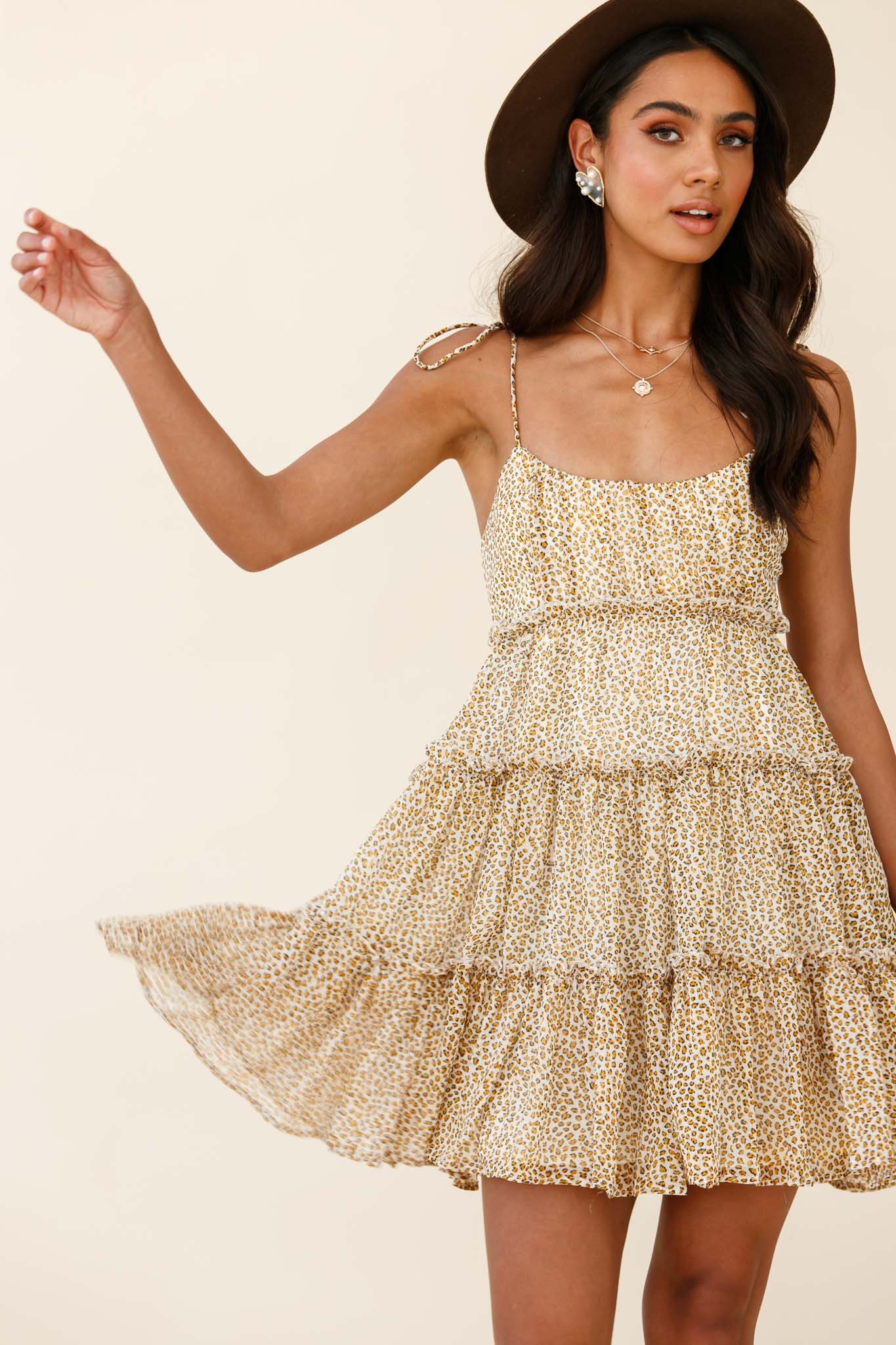 Rumi String Tie Babydoll Dress Leopard Print Mustard-Maymioy