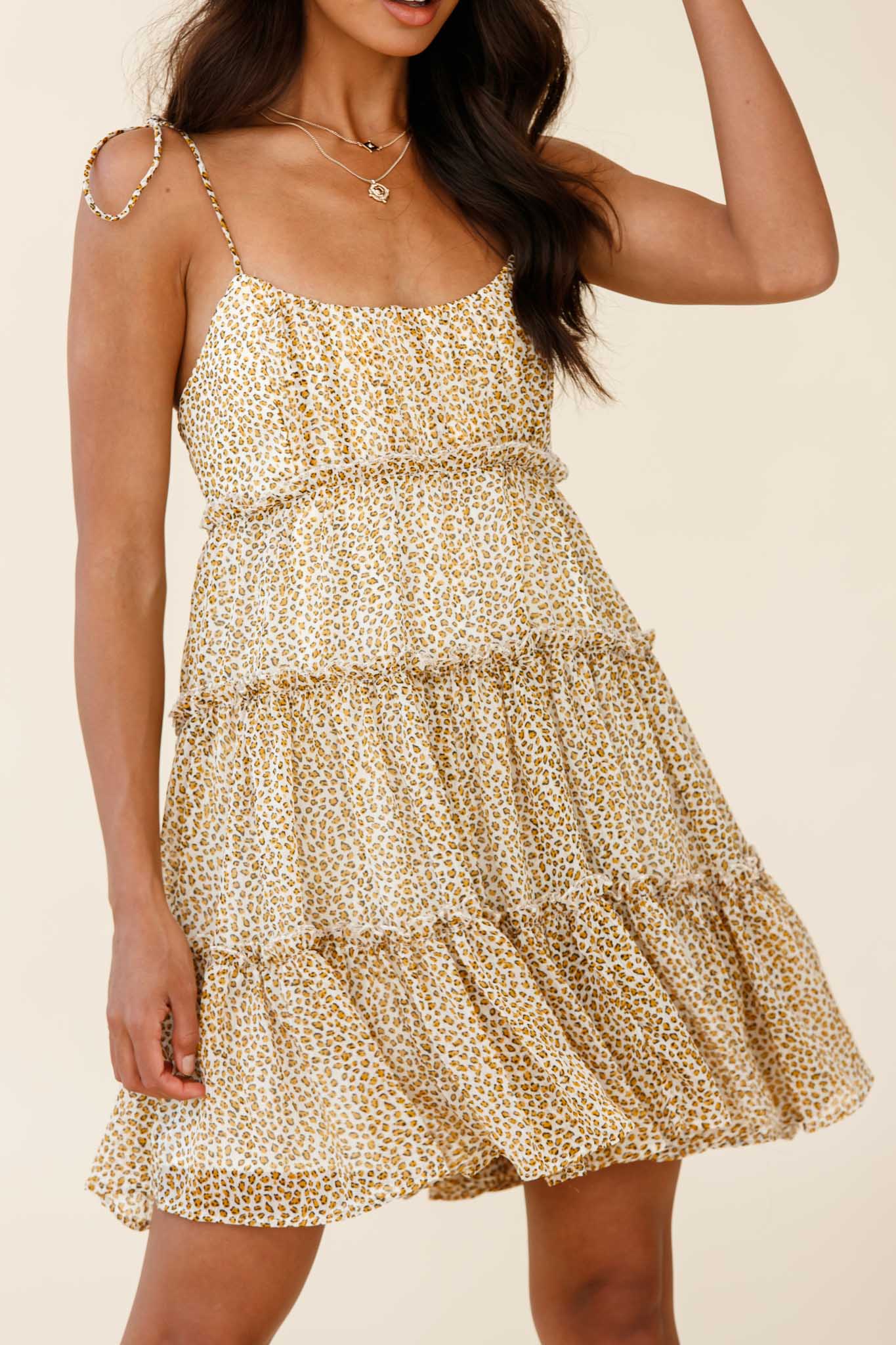 Rumi String Tie Babydoll Dress Leopard Print Mustard-Maymioy