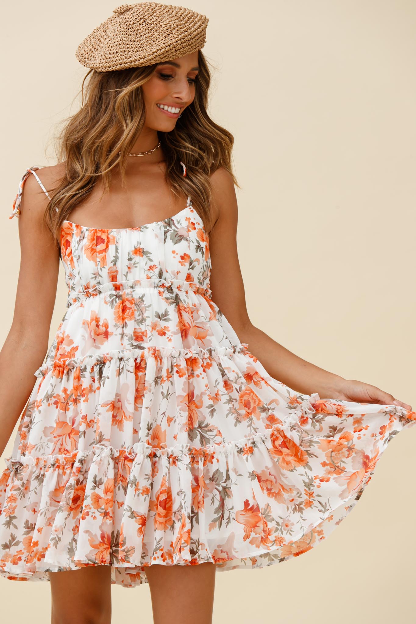 Rumi String Tie Babydoll Dress Floral Print Orange-Maymioy