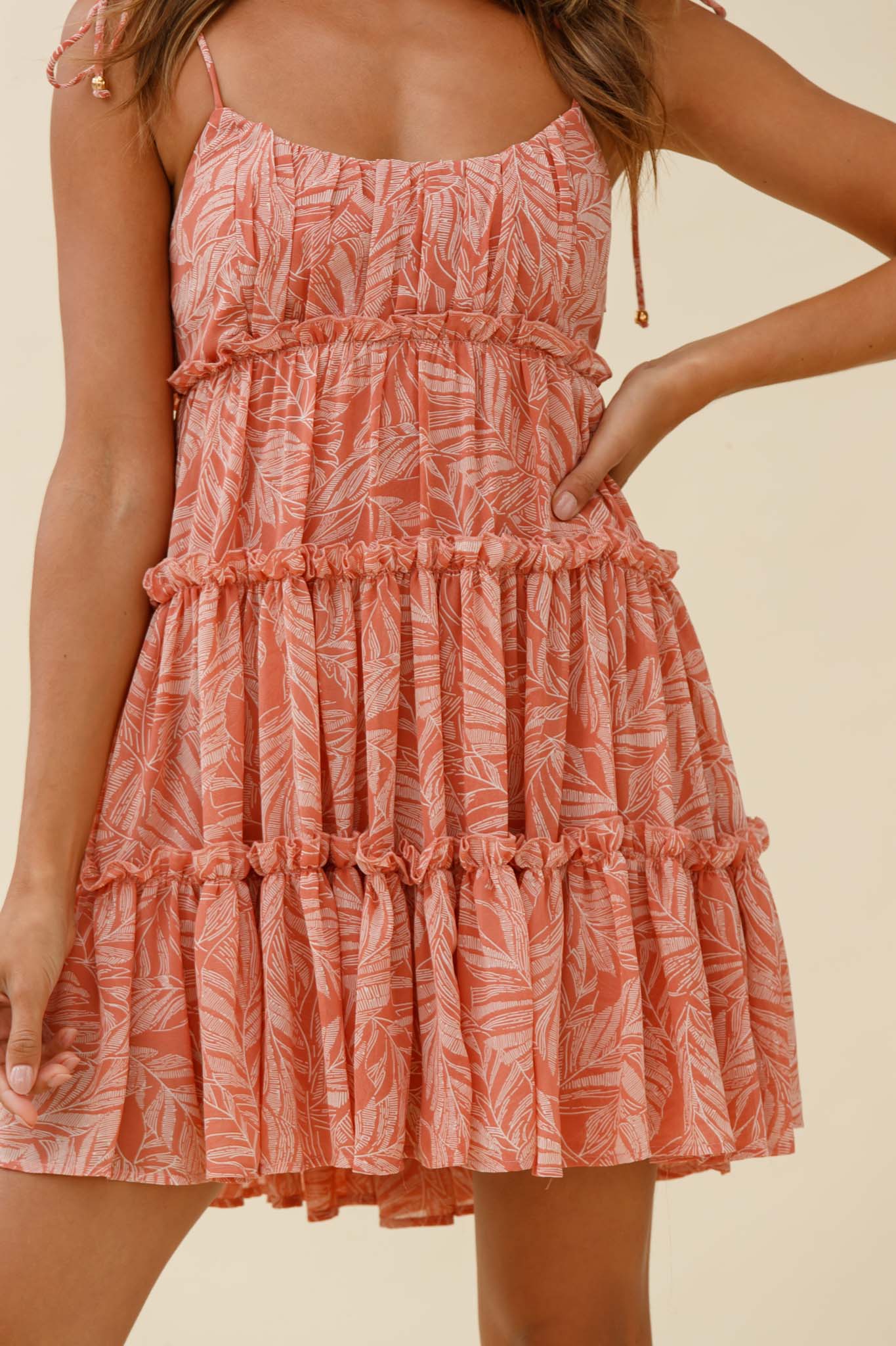 Rumi String Tie Babydoll Dress Leaf Print Pink-Maymioy