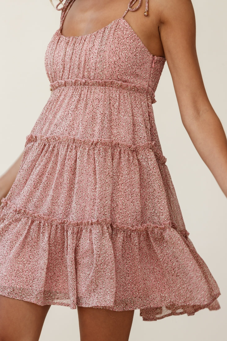 Rumi String Tie Babydoll Dress Blush Leopard-Maymioy