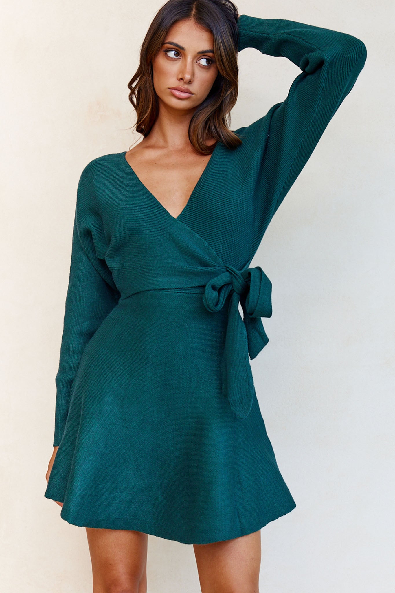 Shooting Star Long Sleeve Side Tie Knit Dress Forest Green-Maymioy