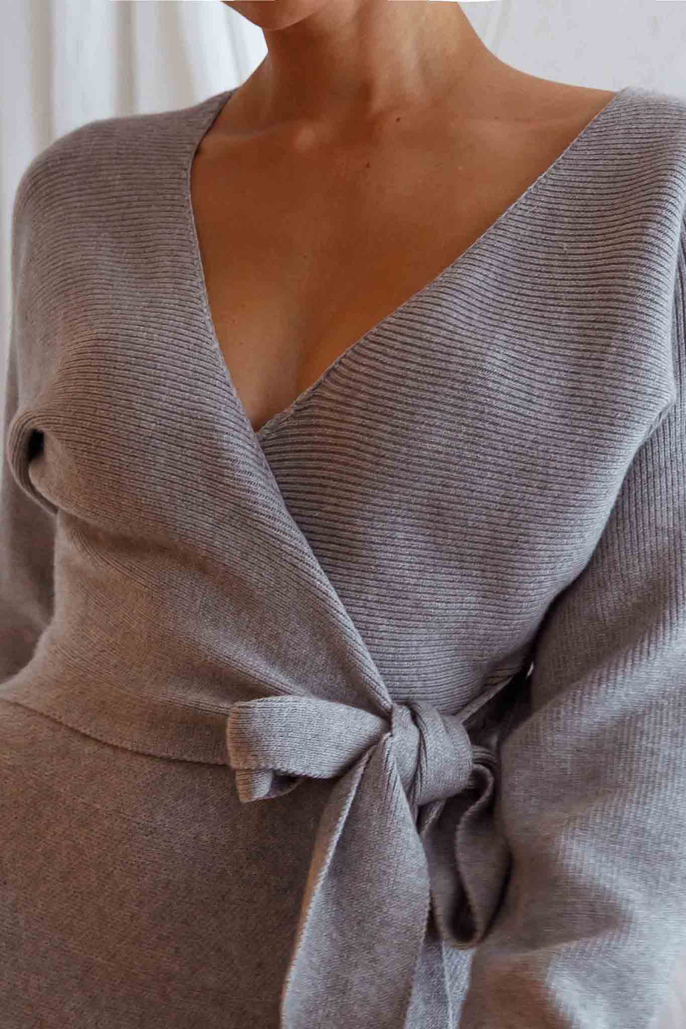 Shooting Star Long Sleeve Side Tie Knit Dress Grey-Maymioy