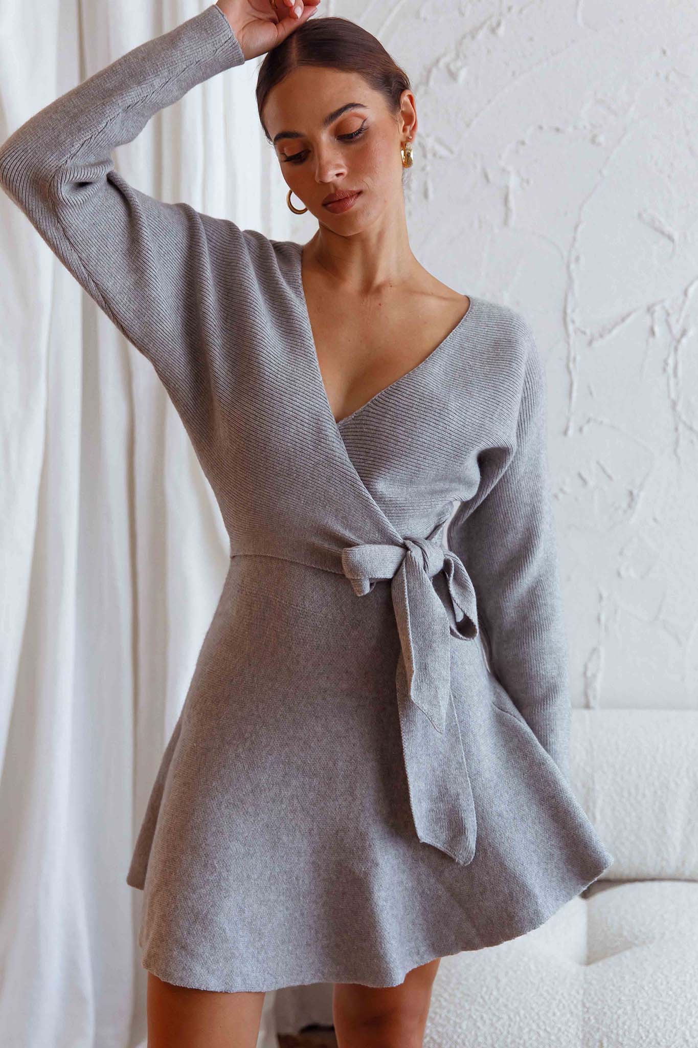 Shooting Star Long Sleeve Side Tie Knit Dress Grey-Maymioy