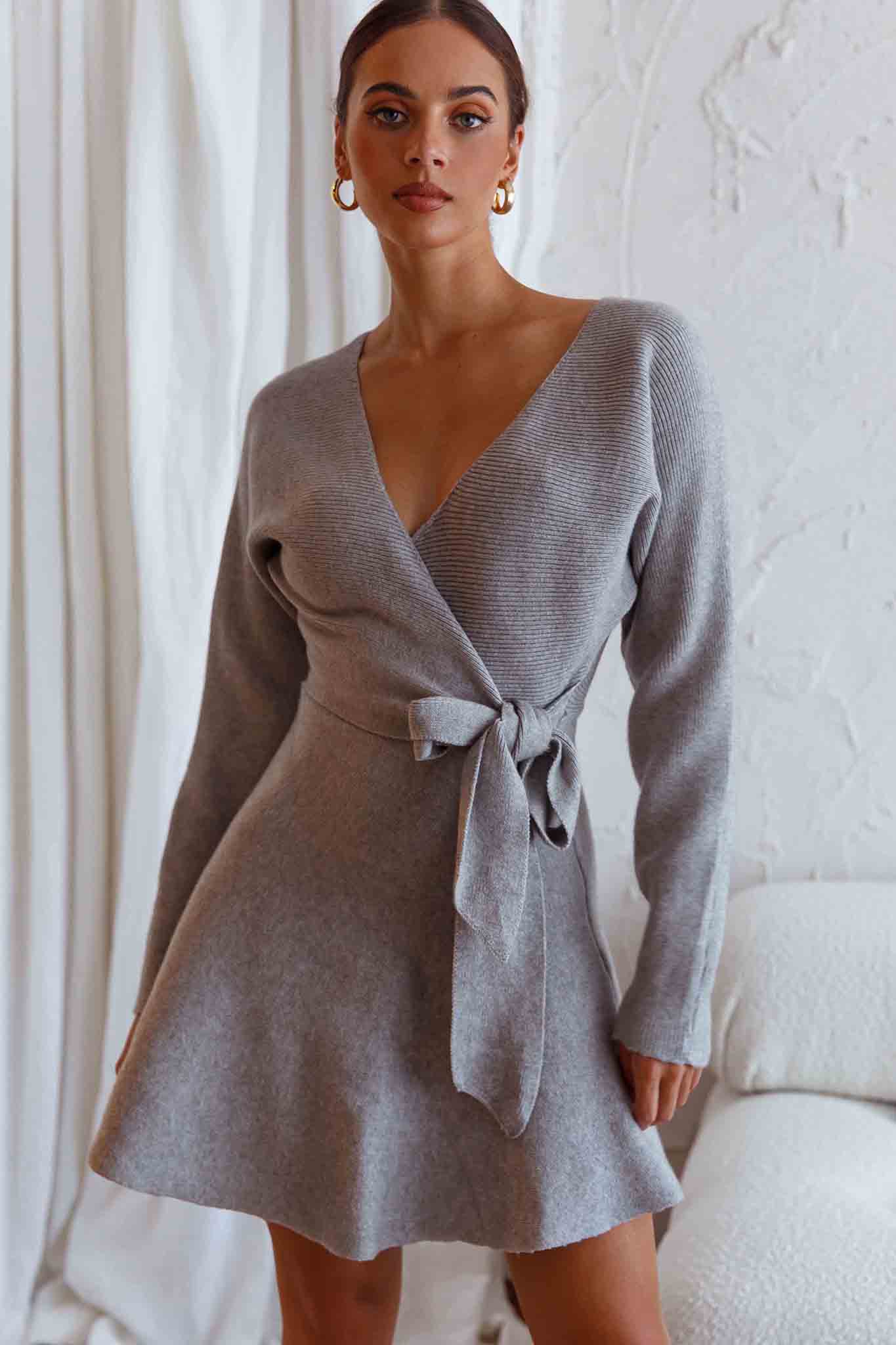 Shooting Star Long Sleeve Side Tie Knit Dress Grey-Maymioy