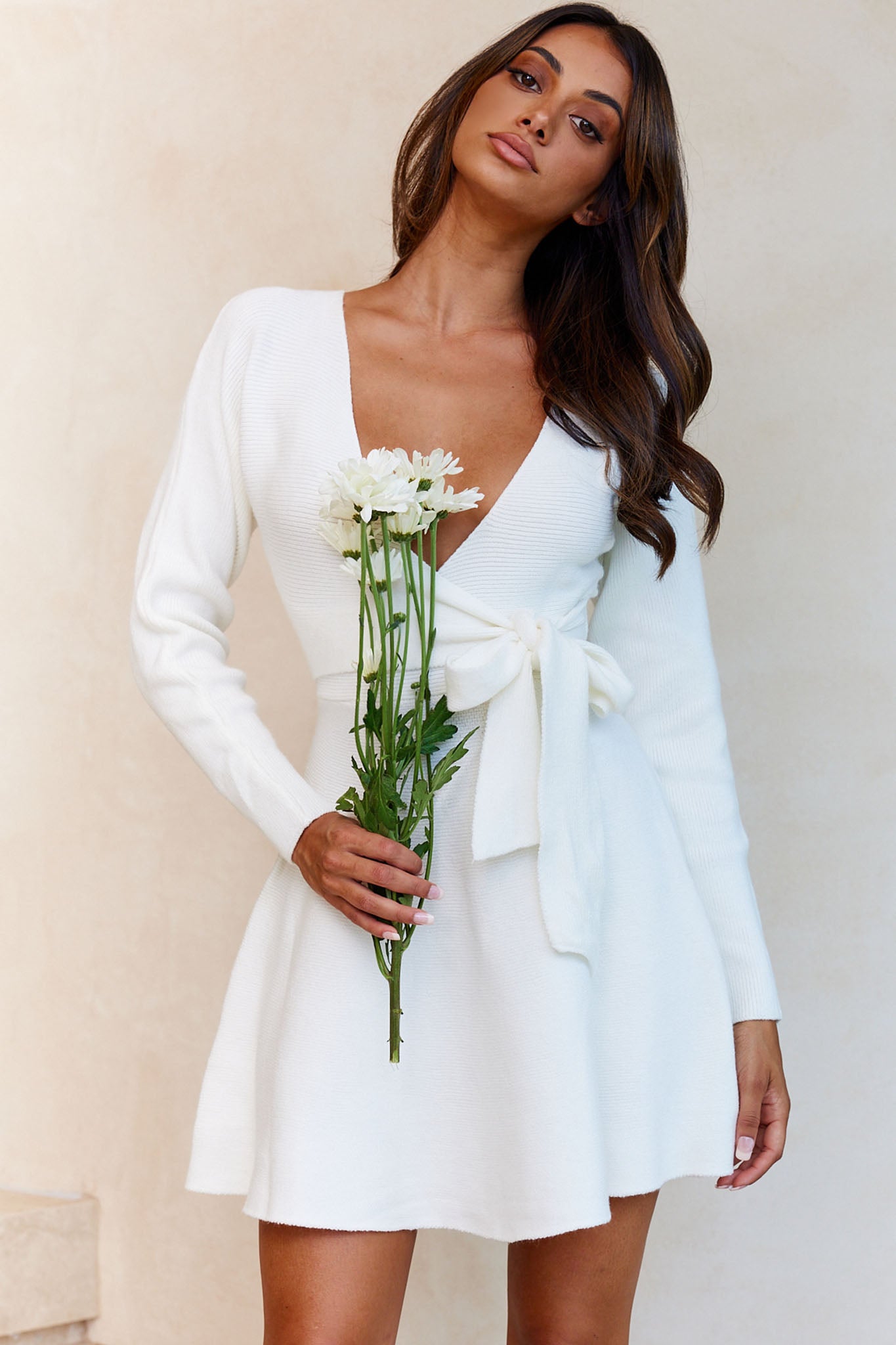 Shooting Star Long Sleeve Side Tie Knit Dress White-Maymioy