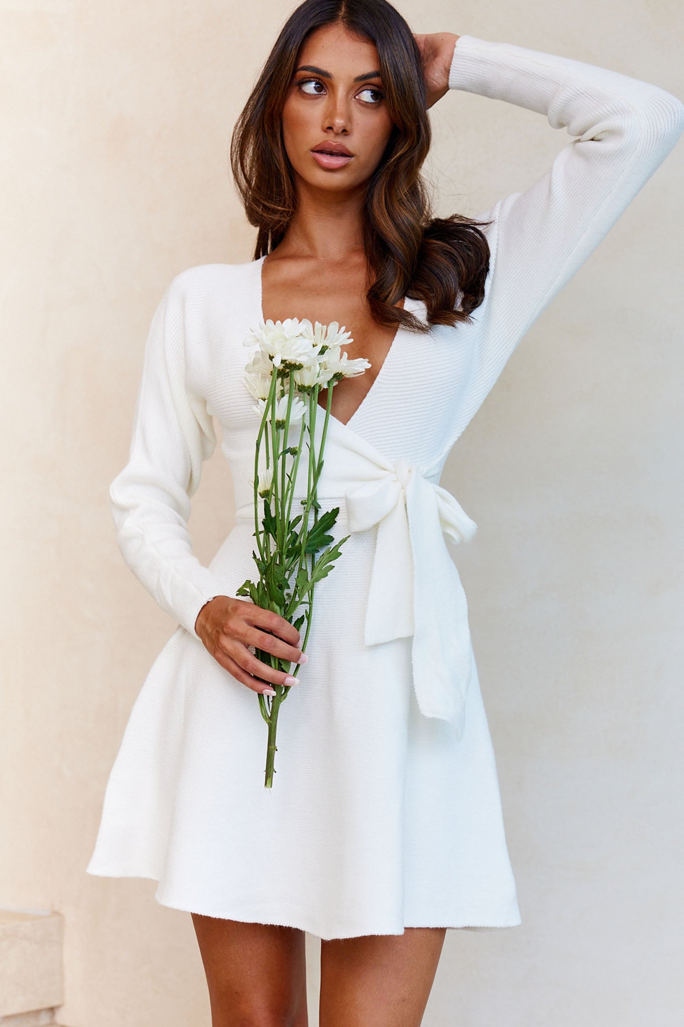 Shooting Star Long Sleeve Side Tie Knit Dress White-Maymioy